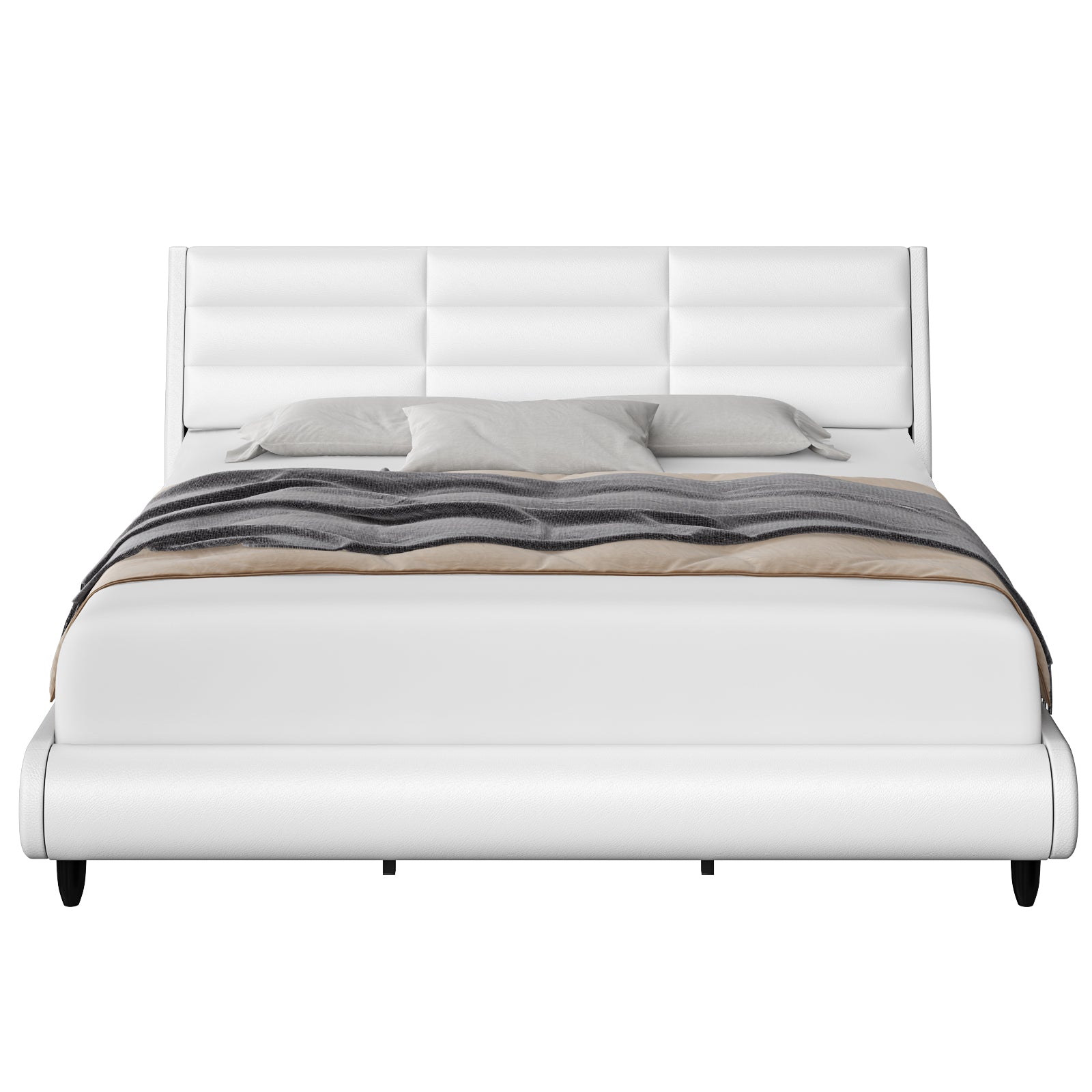 Hiphuta King Size Platform Sturdy Bed Frame with Side LED Light & Adjustable Headboard, PU Upholstered White