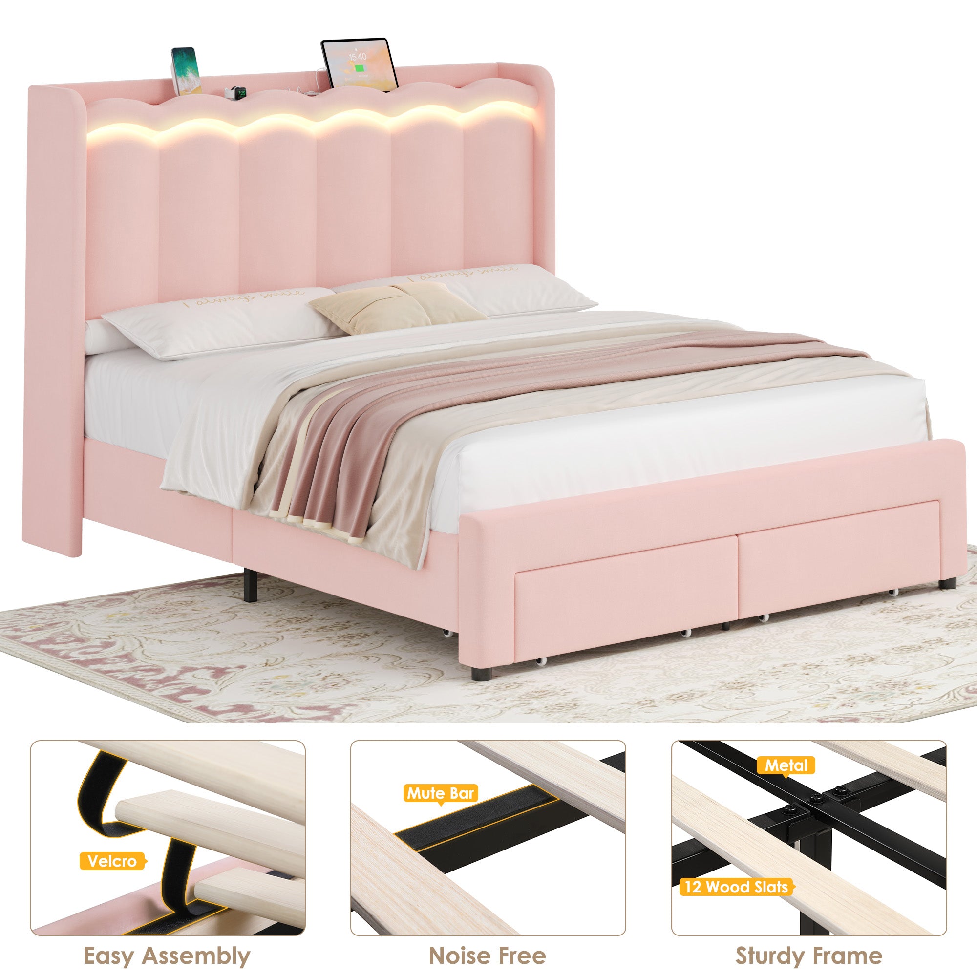 Hiphuta Queen Size Bed with Power Outlet & LED, Upholstered Velvet Beds with Drawer, Queen Beds with Headboard Storage, Pink