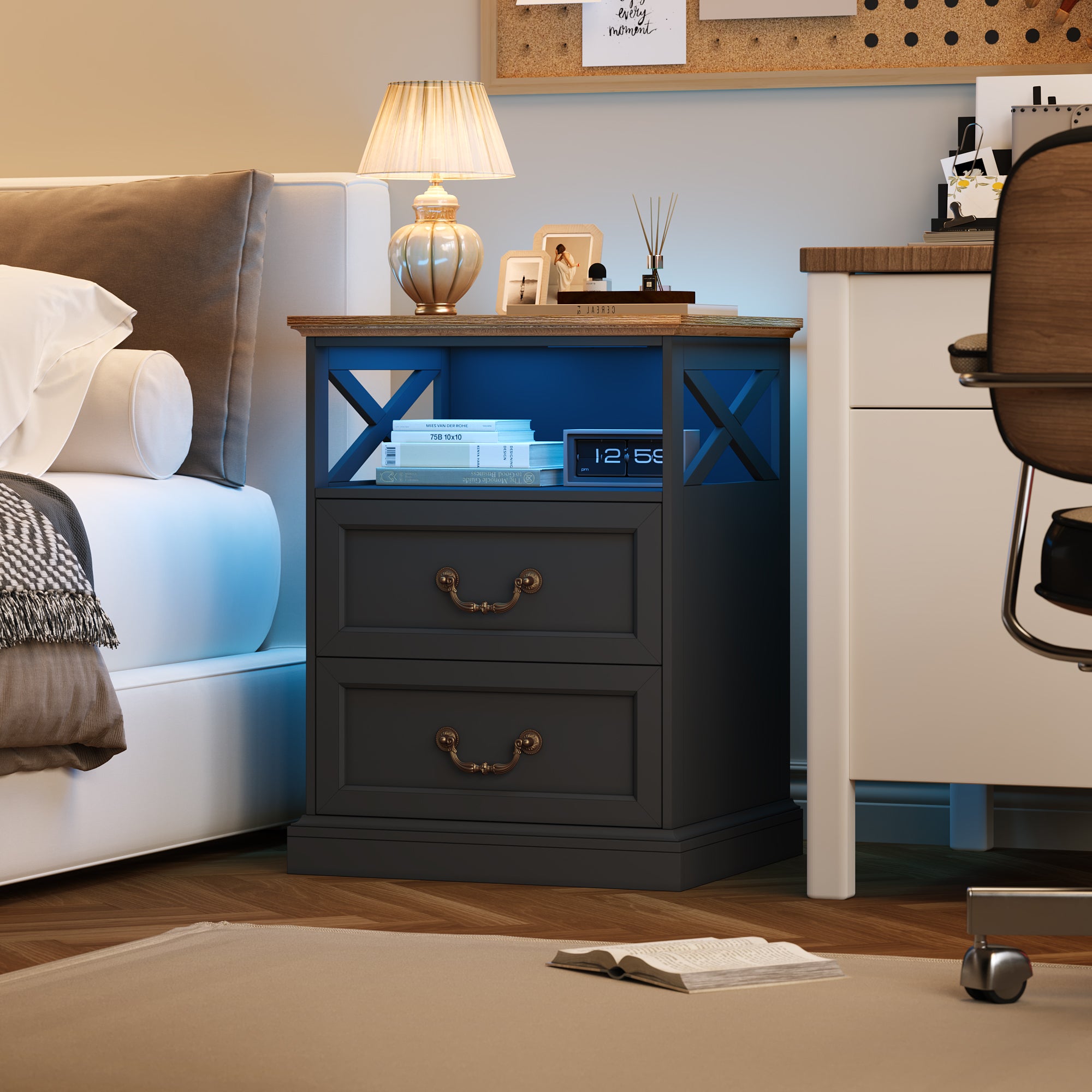 Hiphuta Farmhouse Set of 2 Nightstands with Charge Station, Wood End Table with 3 Drawers for Adult Bedroom, LEDS Bedside Table for Living Room, Black