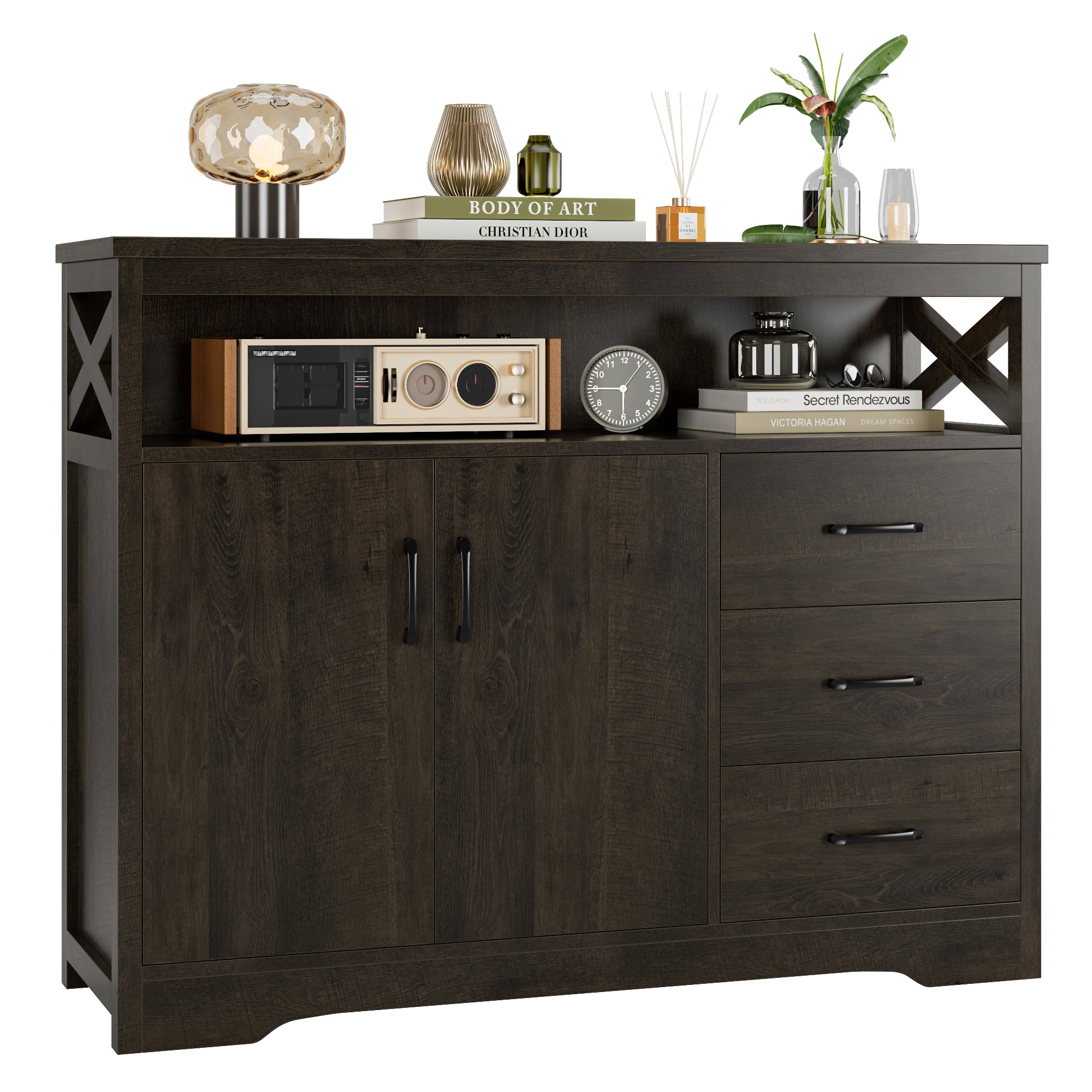 Hiphuta 47.2" Wide Buffet Sideboard, Farmhouse 3 Drawer Credenza Cabinet with 2 Doors, Dark Brown