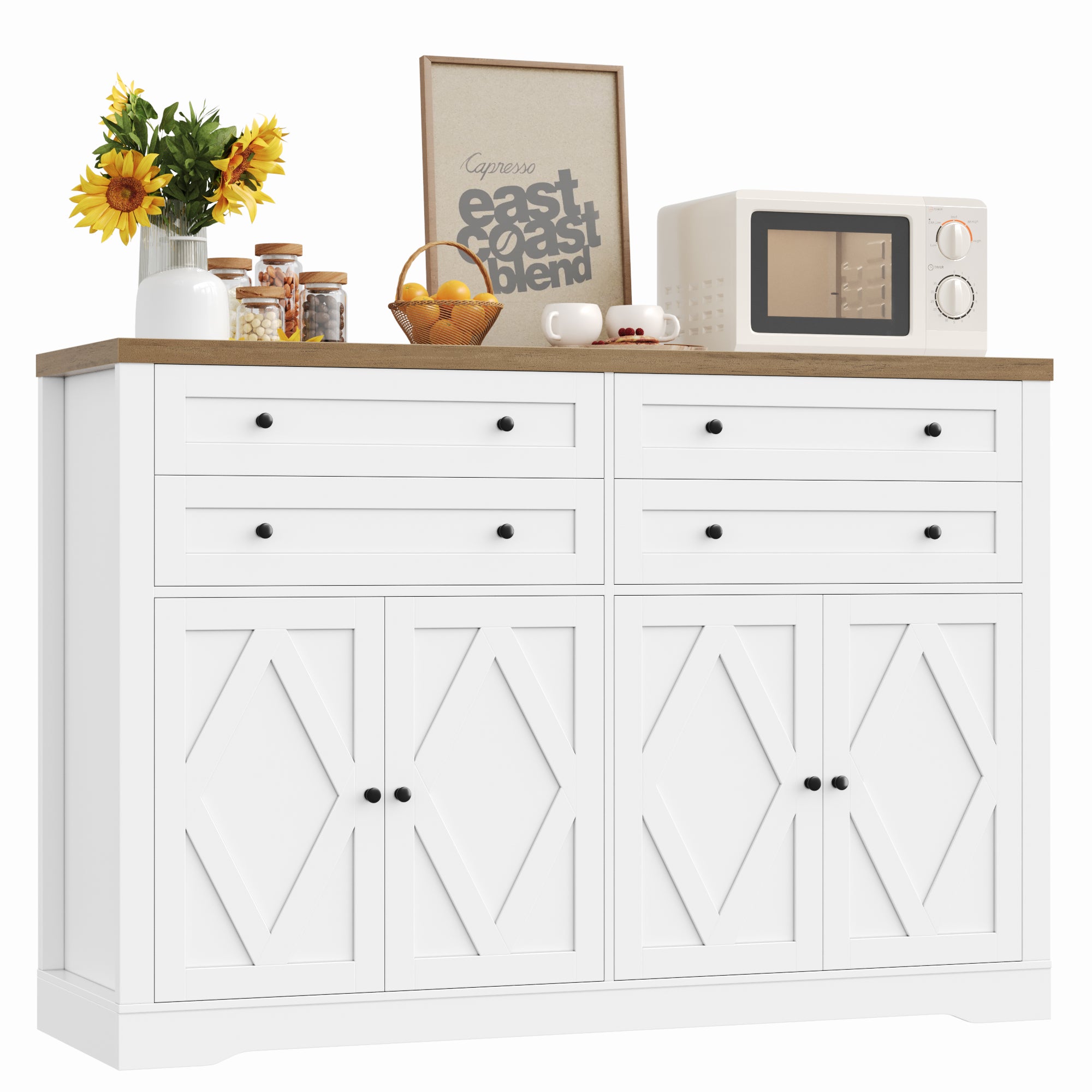 Hiphuta 55" Wide Farmhouse Buffet Storage Cabinets with 2 Adjustable Shelves & 4 Drawers for Living Room, White