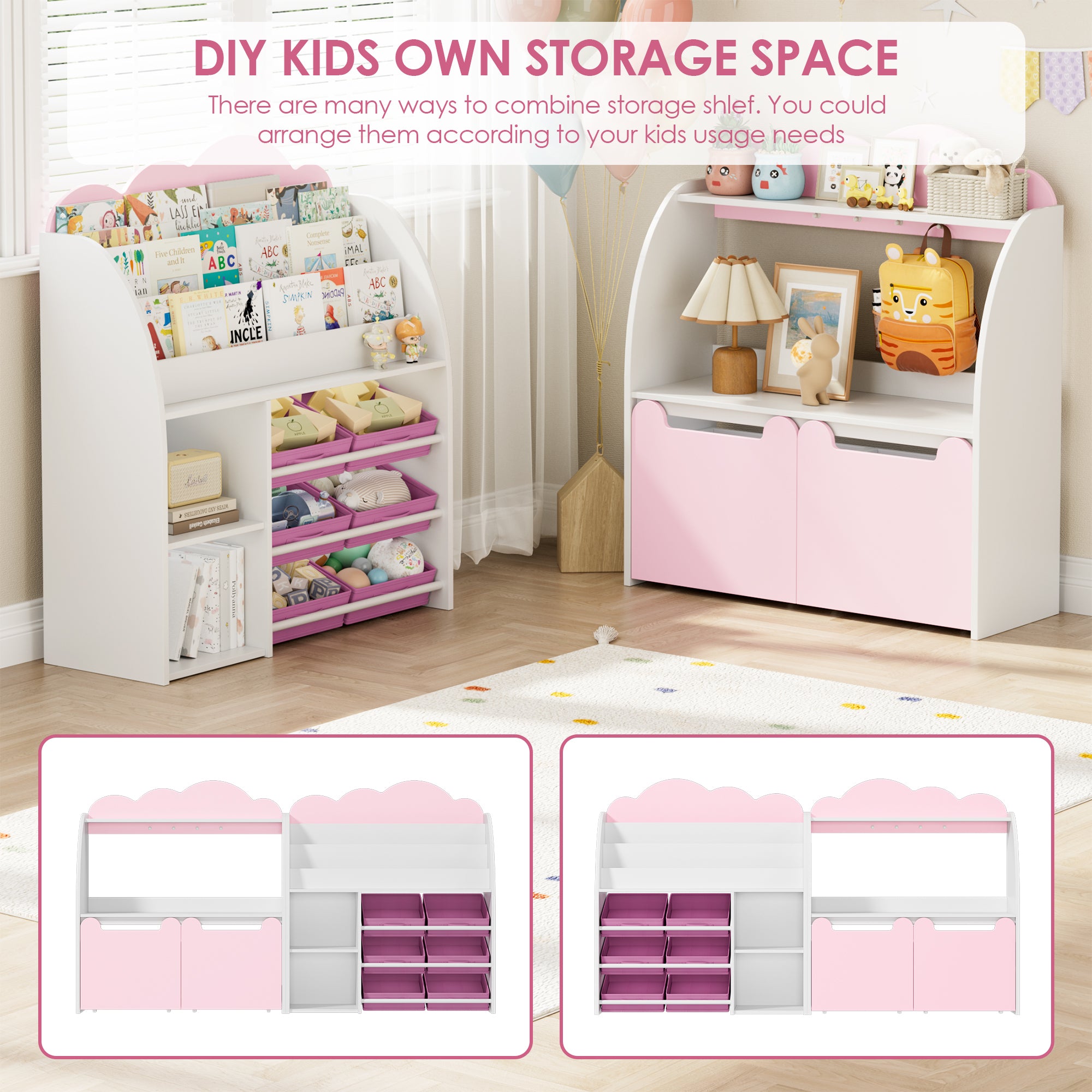 Hiphuta Kid’s Toy Storage Organizer, Kids Bookshelf with 6 Bins & 2 Removable Drawers, Book Rack Storage 3 Tiers, White Pink