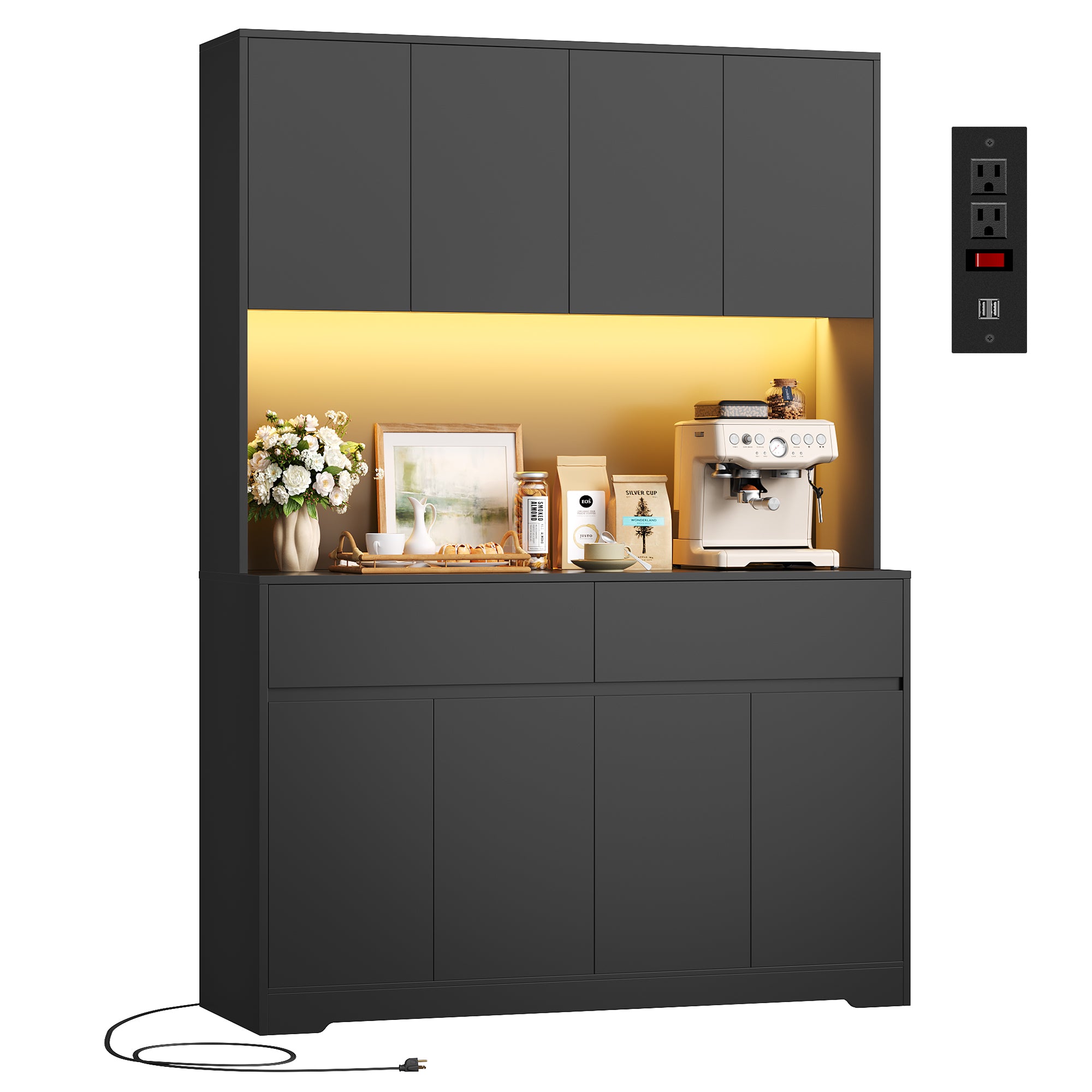 Hiphuta 71"Tall Modern Pantry Cabinet with Charge Station & Led Light, Freestanding Kitchen Hutch Cabinet for Dining Room, Black