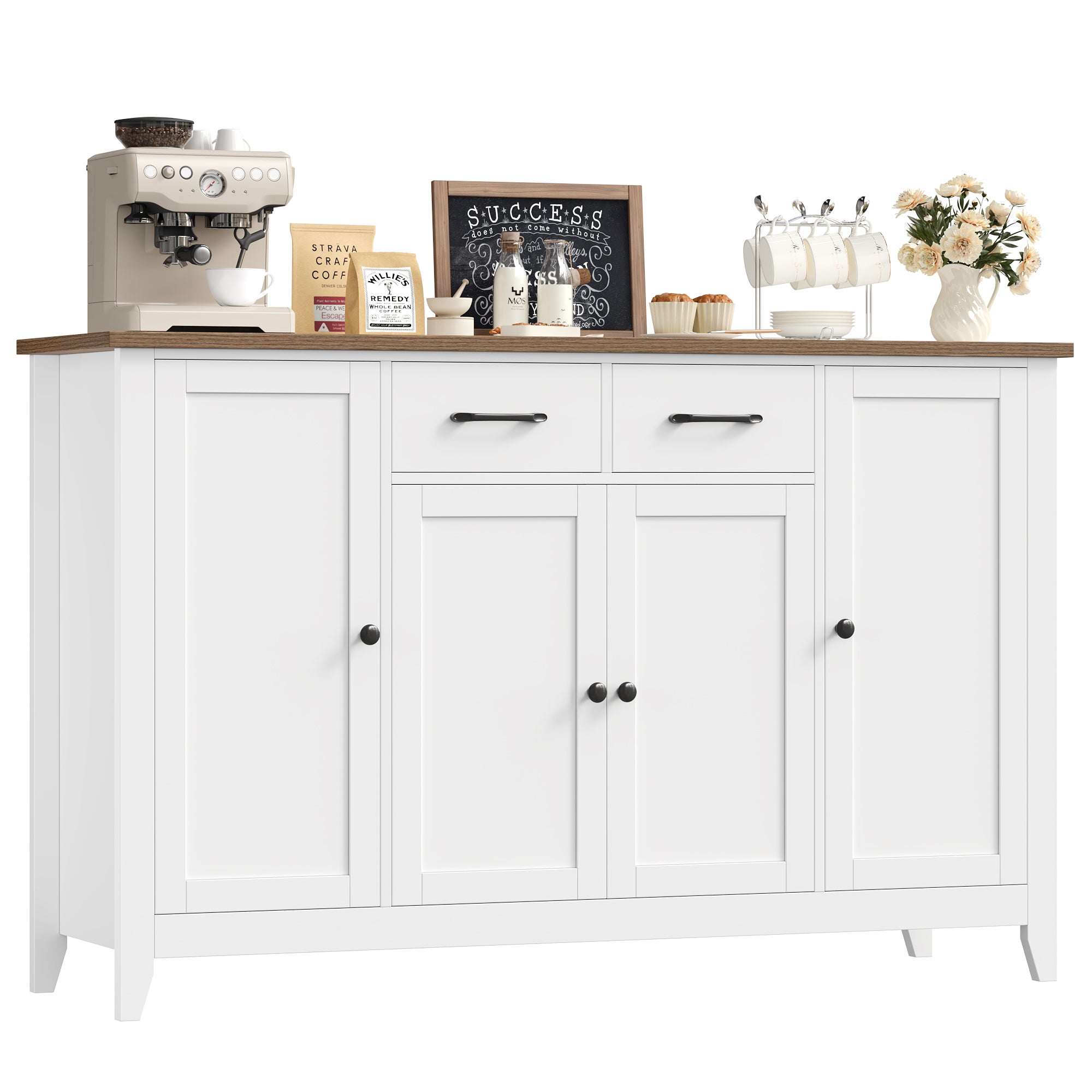 Hiphuta 55" Wide Buffet Cabinet with 2 Drawers & Adjustable Shelves, Modern Coffee Bar Cabinet with 2 Drawers and Sturdy Base for Living Room, White