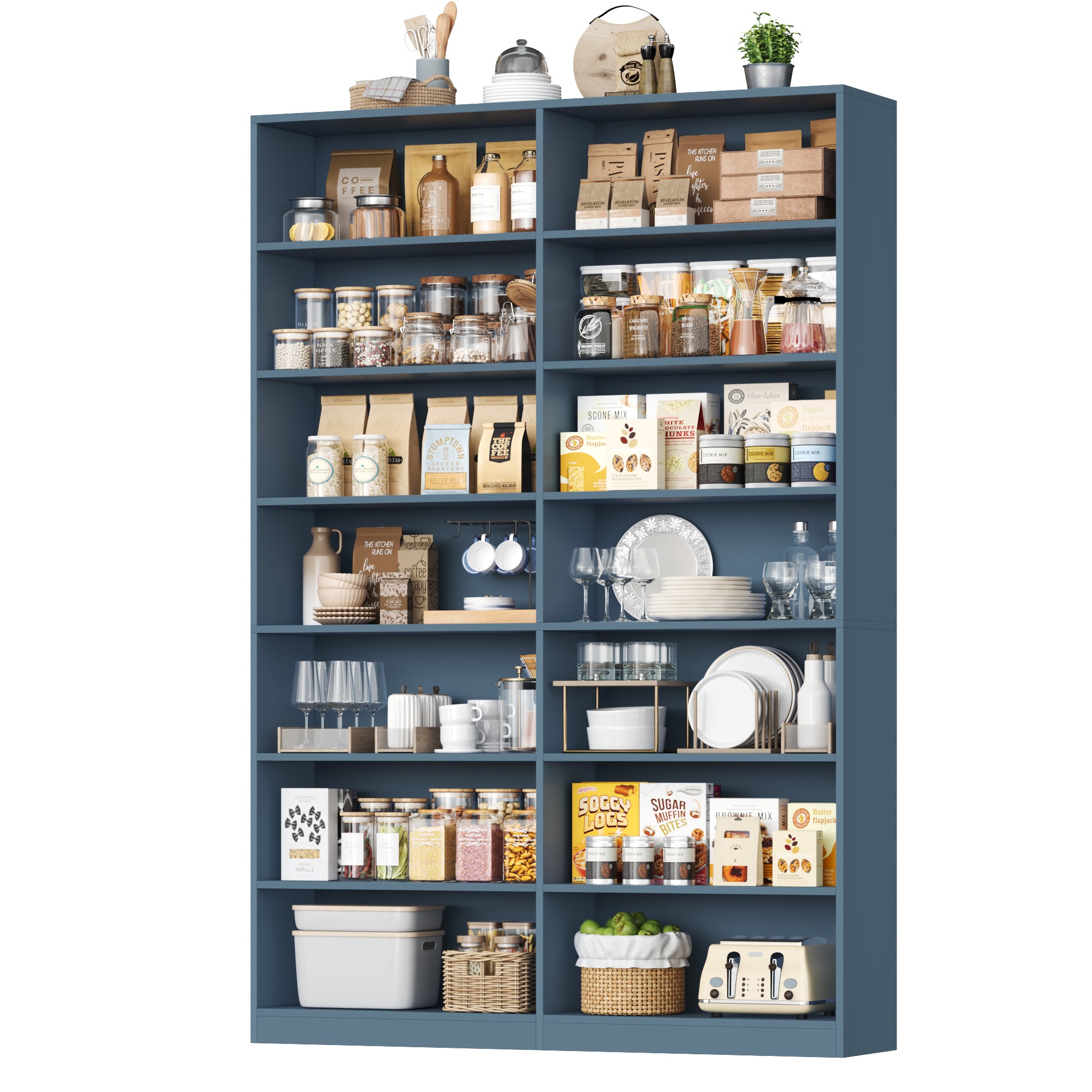 Hiphuta 83.6"H x 47.2"W Wood Double 7-Tier Standard Bookcase, Tall Bookcase for Bedroom, Living Room and Office, Freestanding Display Storage Shelves, Blue