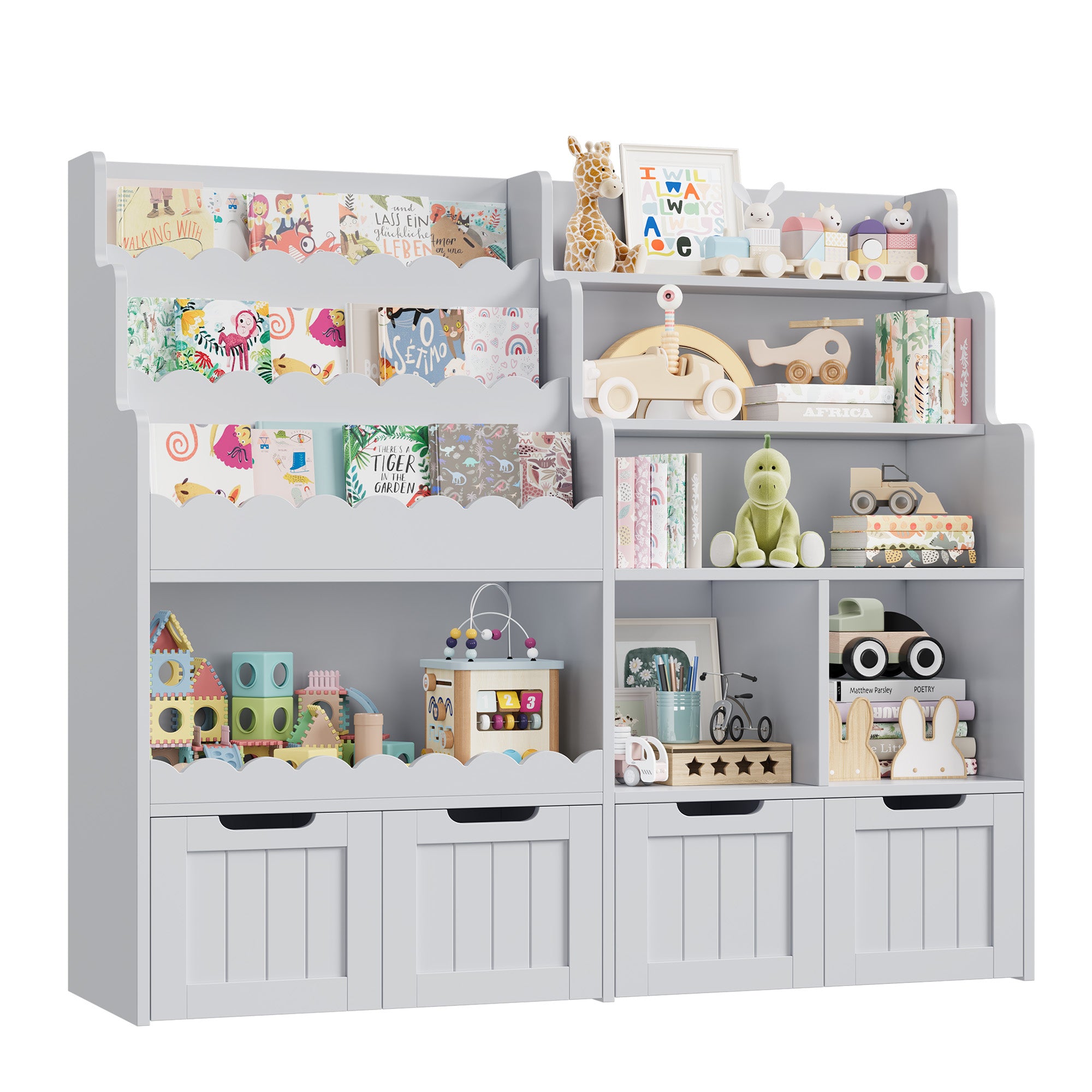 Hiphuta 47”Wide Large Kids Toy Storage Organizer, Wood Toy Cabinet with Book Rack & Movable Bins, Gray Toy Box for Kids Bedroom