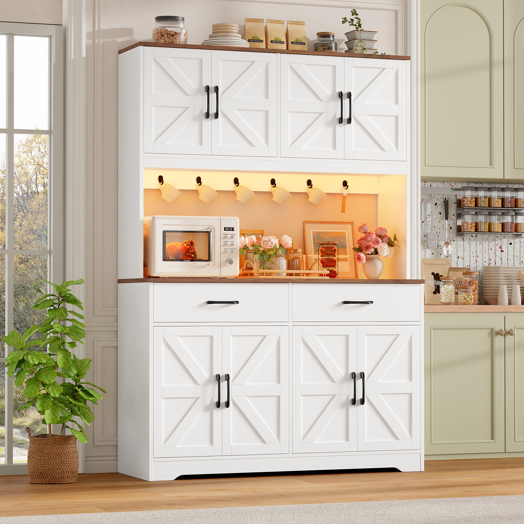 Hiphuta Kitchen Pantry Cabinet with RGB LED, Pantry Storage Cabinet with Metal Hooks and Charging Station, White