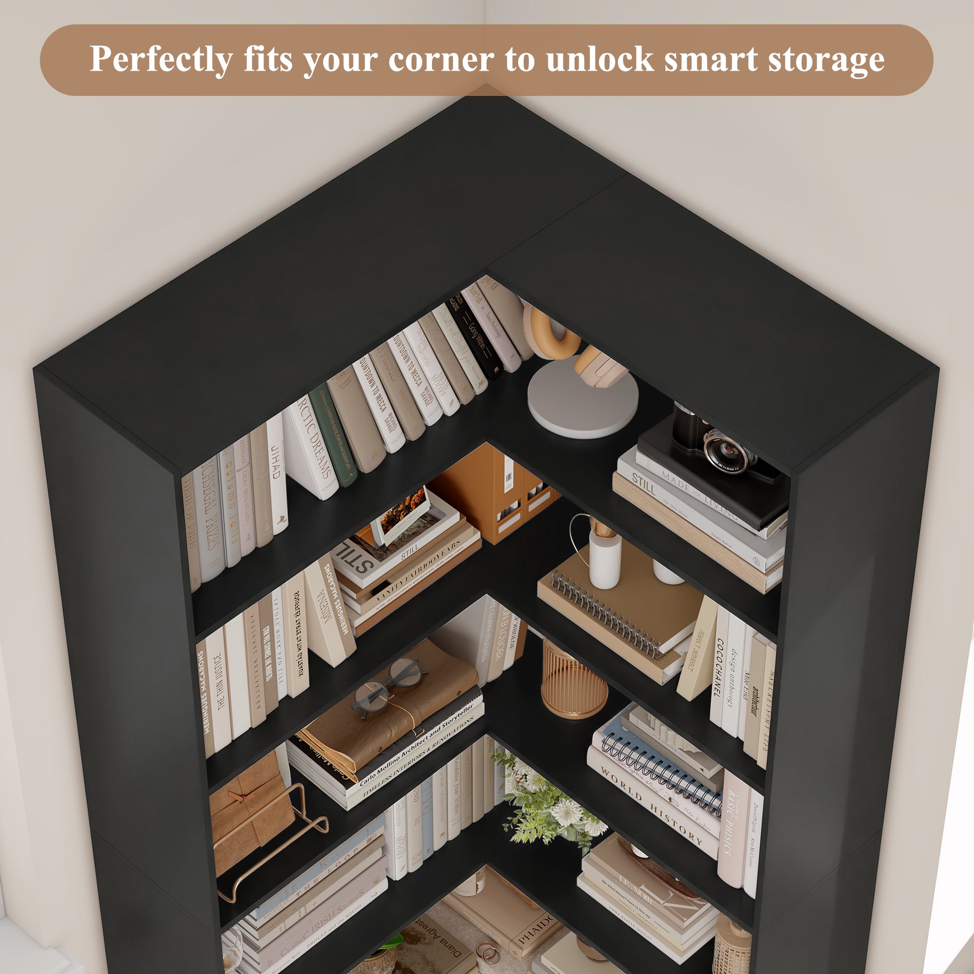 Hiphuta 6 Tier Corner Bookcase, Minimalist Modern Corner Bookcase for Office Living Room, Black