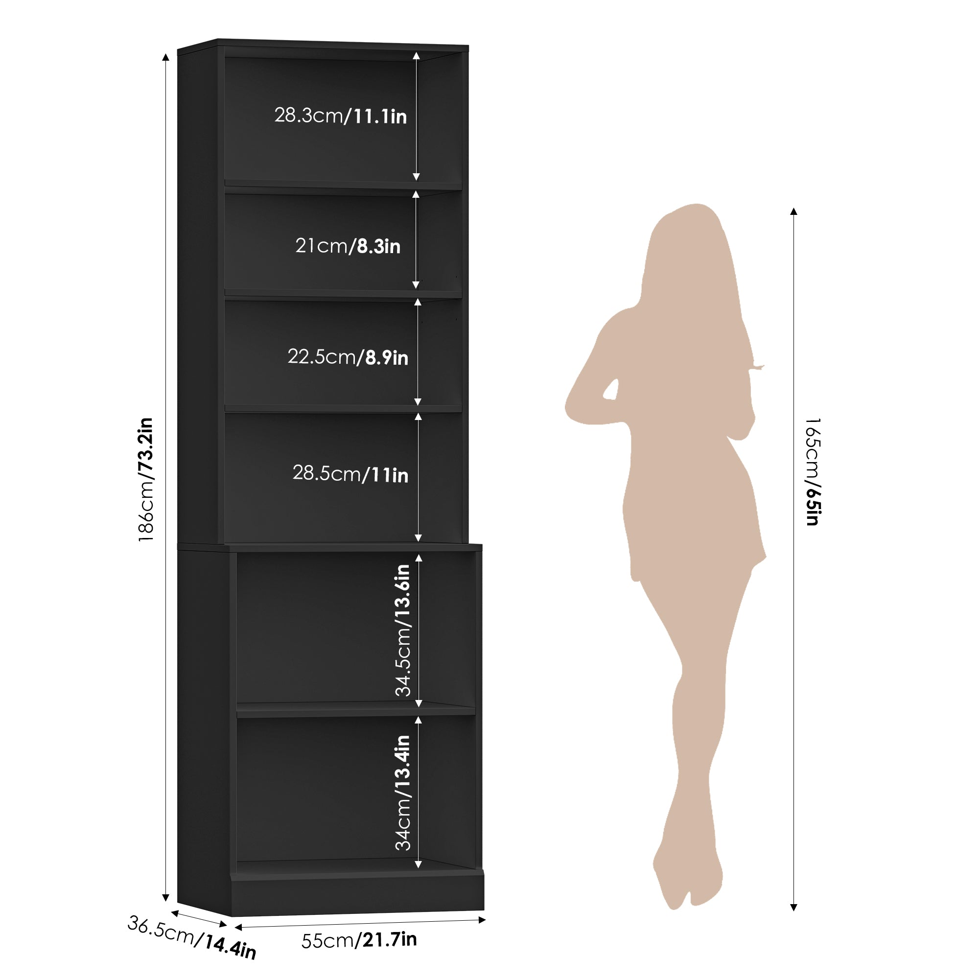 Hiphuta 73 in Tall 6-Tier Bookcase, 22" Wide Bookcase with Adjustable Shelf, Modern Minimalist Bookshelf for Home Office, Living Room, Black