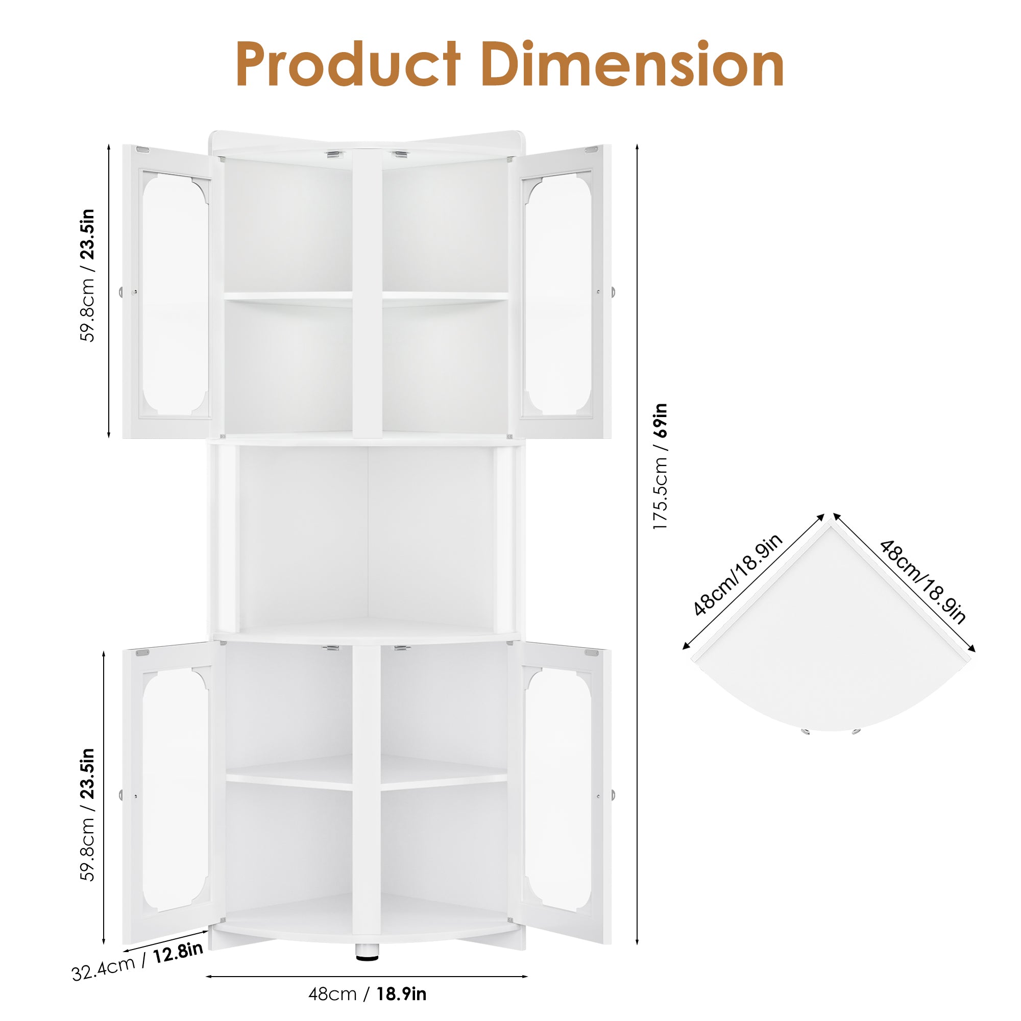 Hiphuta Tall Corner Cabinet, Bathroom Storage Cabinet with Glass Door Design & Adjustable Shelves, Home Space Saver for Bathroom, Living Room, White