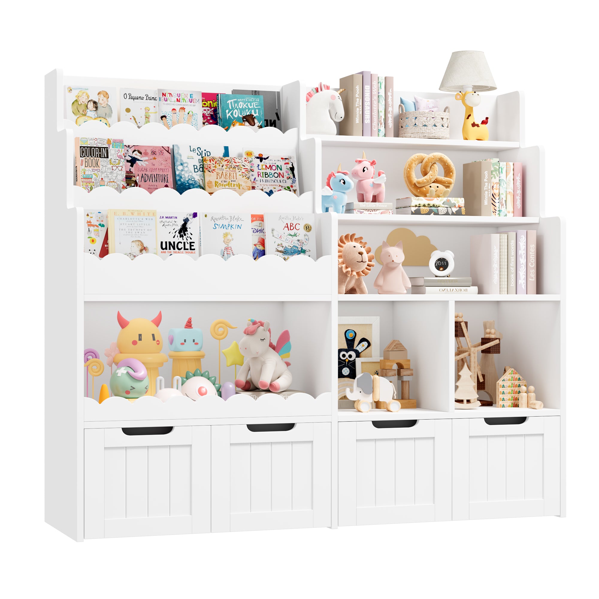 Hiphuta 47" Wide Large Kid’s Toy Storage Organizer, Wood Toy Cabinet with Book Rack & Movable Bins, White Toy Box for Kids Bedroom