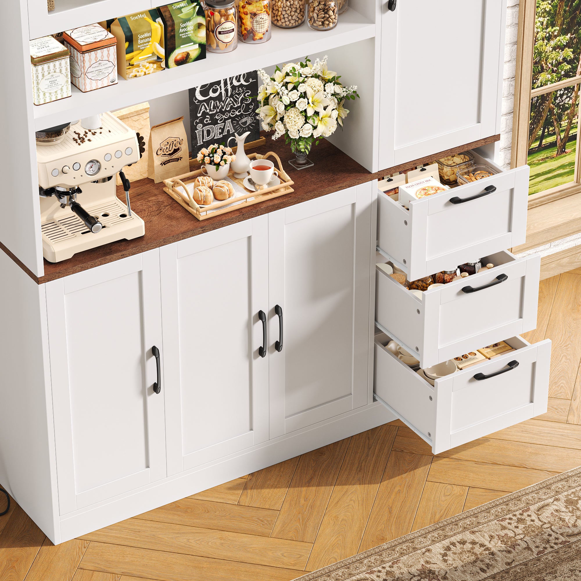Hiphuta 75" Tall Kitchen Pantry Storage Cabinet, Freestanding Kitchen Hutch with 7 Doors and 3 Drawers for Dining and Living Room, White
