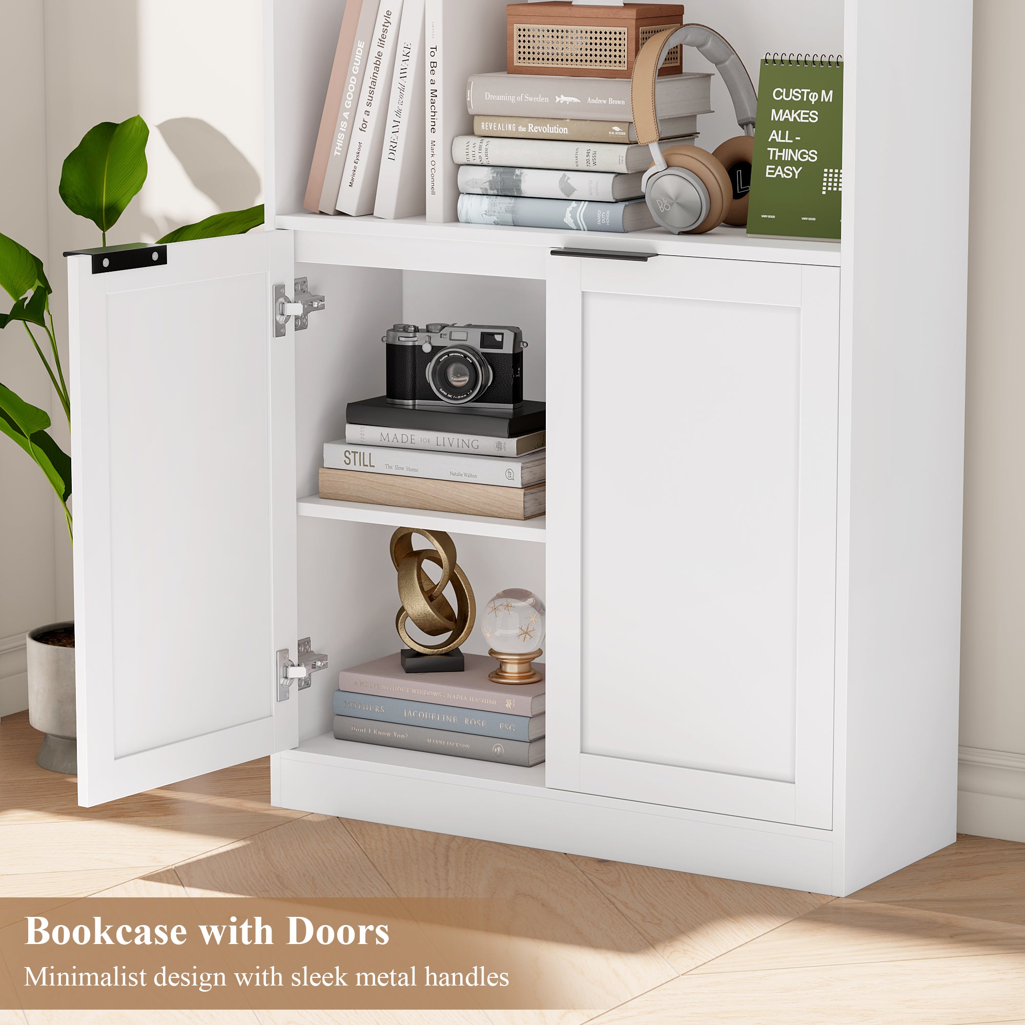 Hiphuta 73" Tall 6 tier Bookcase, Minimalist Single Row Bookshelf with 2 Doors, Modern Wooden Bookcase for Office, Living Room, White