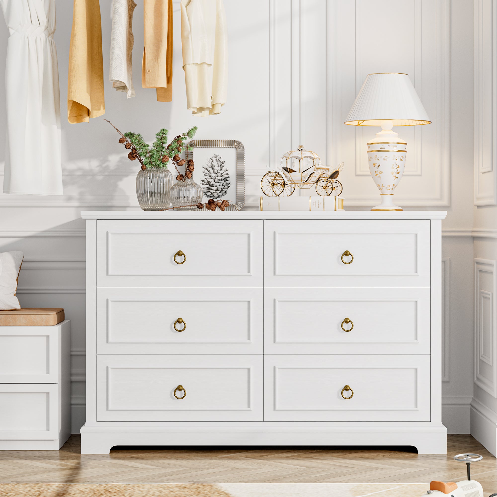 Hiphuta Modern 6 Drawer Dresser for Bedroom with Metal Handle, Large Double Dresser Organizer, Wood Chest of Drawers, White