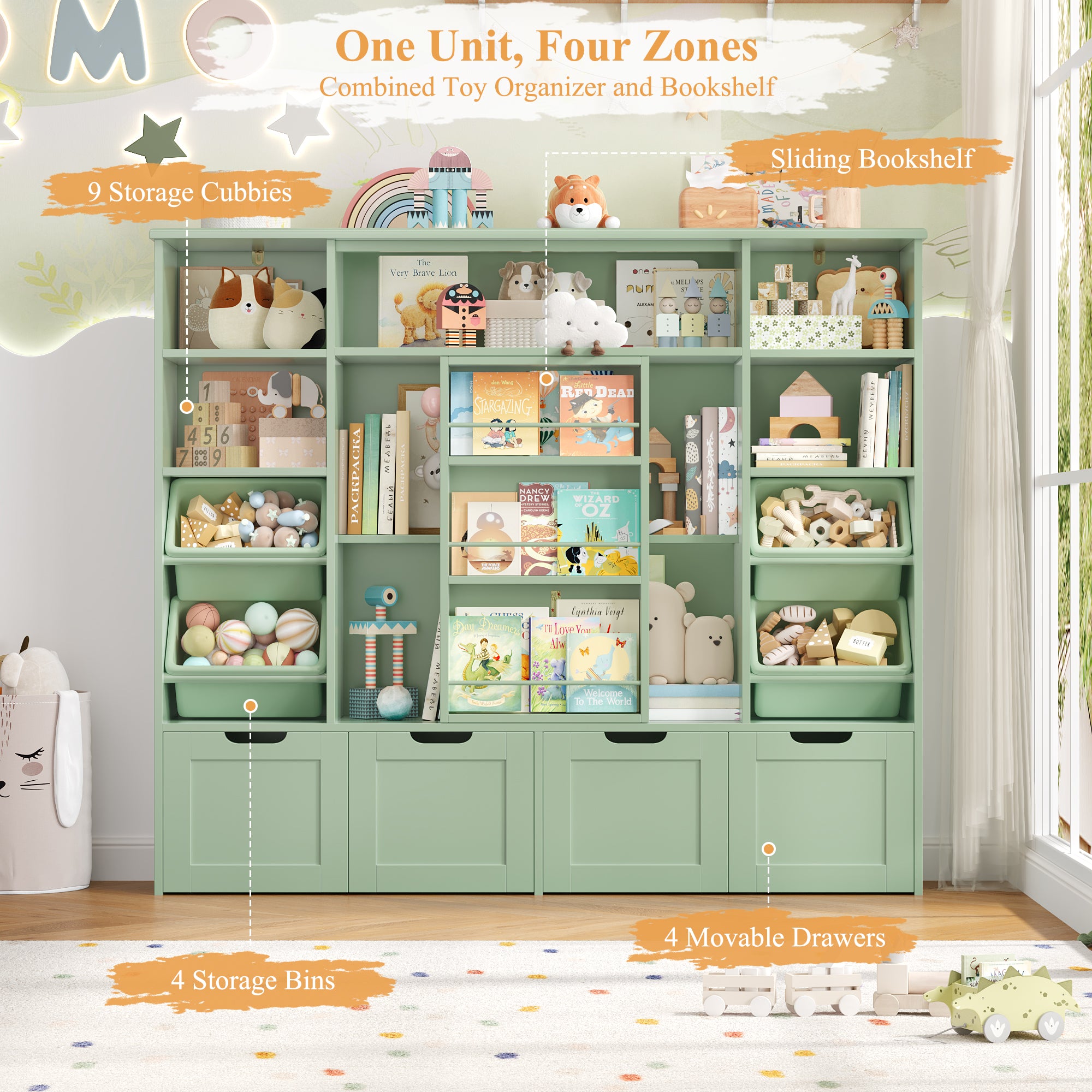 Hiphuta Kid Toy Storage with Bookshelf, Kid Toy Organizer with 4 Removable Drawers, Kid Bookcases with Toy Box for Kid Bedroom Playroom, Green