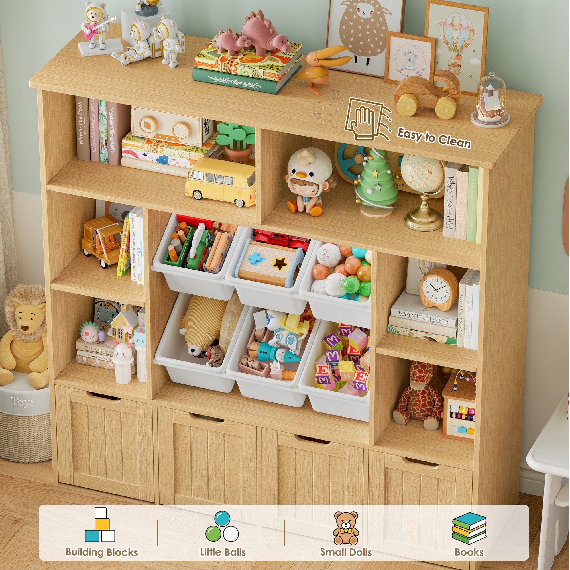 Hiphuta Large 4 Tier Kids Bookcase, Wood Toy Organizer of 6 Boxes & 4 Removable Drawers, Bookshelf for Kids Room Classroom, Natural