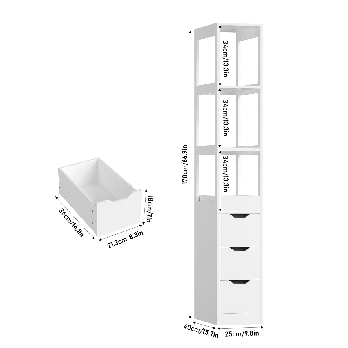Hiphuta Bathroom Storage Tower with 3 Drawers, 67" Tall Bathroom Cabinet with 3-Tier Open Shelves, Narrow Linen Cabinet for Small Spaces, White