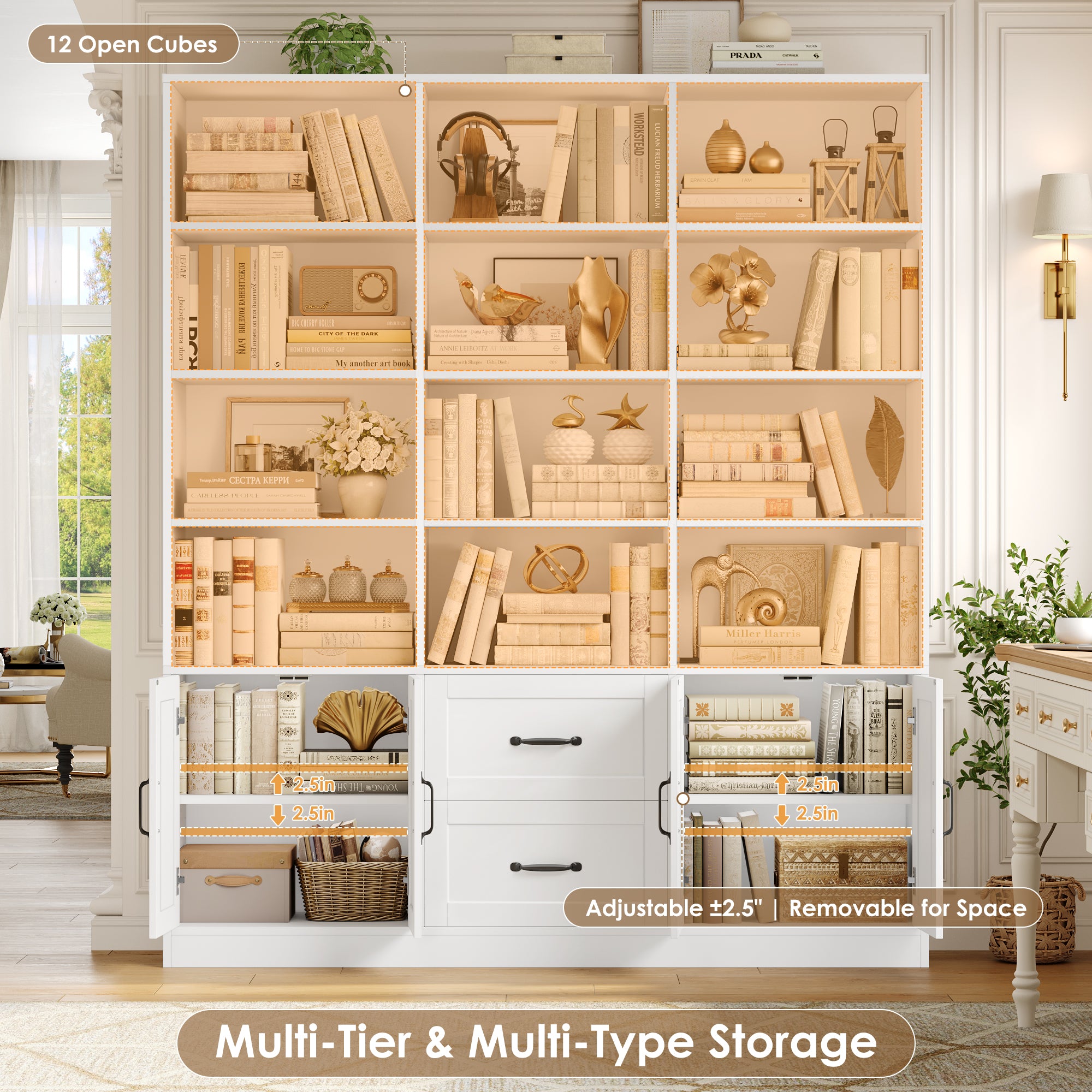 Hiphuta Triple Row 4-tier Bookcase, Large Bookcase with 4 Doors and 2 Drawers, Modern Minimalist Bookcase for Office Living Room, White