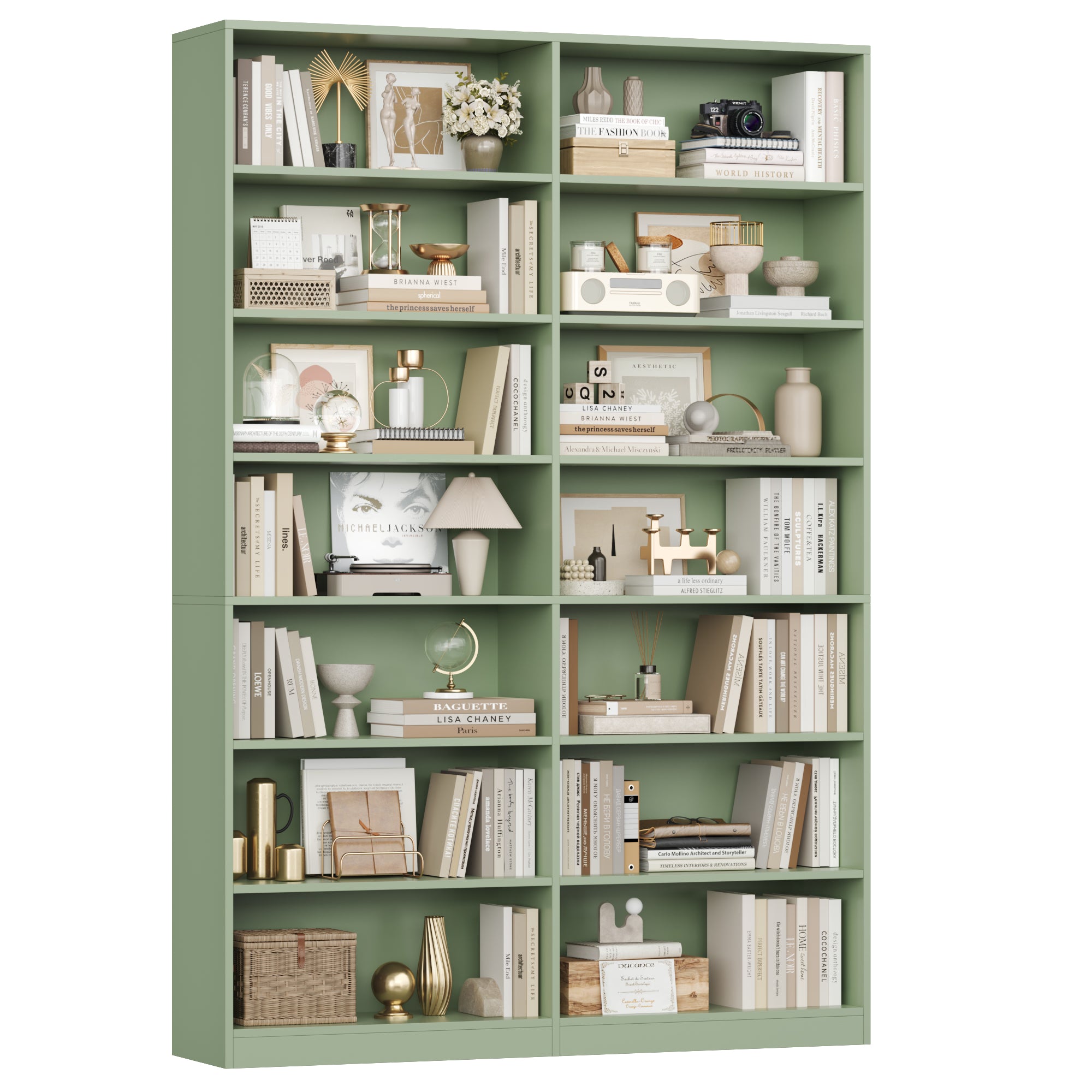 Hiphuta 83.6"H x 47.2"W Wood Double 7-Tier Standard Bookcase, Tall Bookcase for Bedroom, Living Room and Office, Freestanding Display Storage Shelves, Green