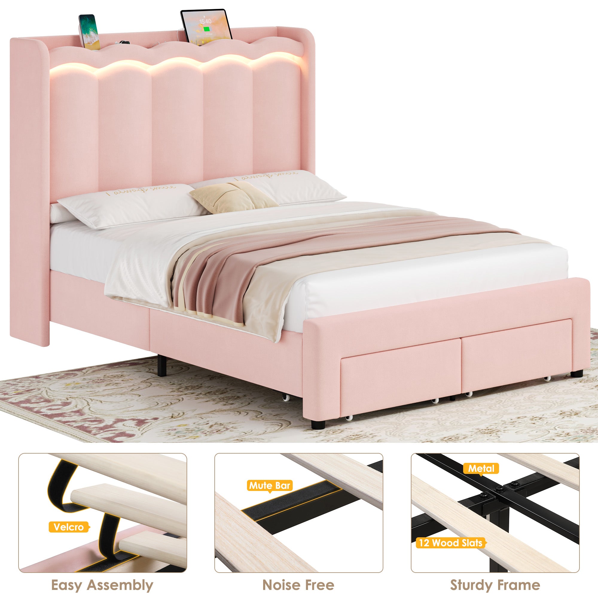 Hiphuta Full Size Bed with Power Outlet & LED, Upholstered Princess Beds with Drawer, Full Beds with Headboard Storage, Pink