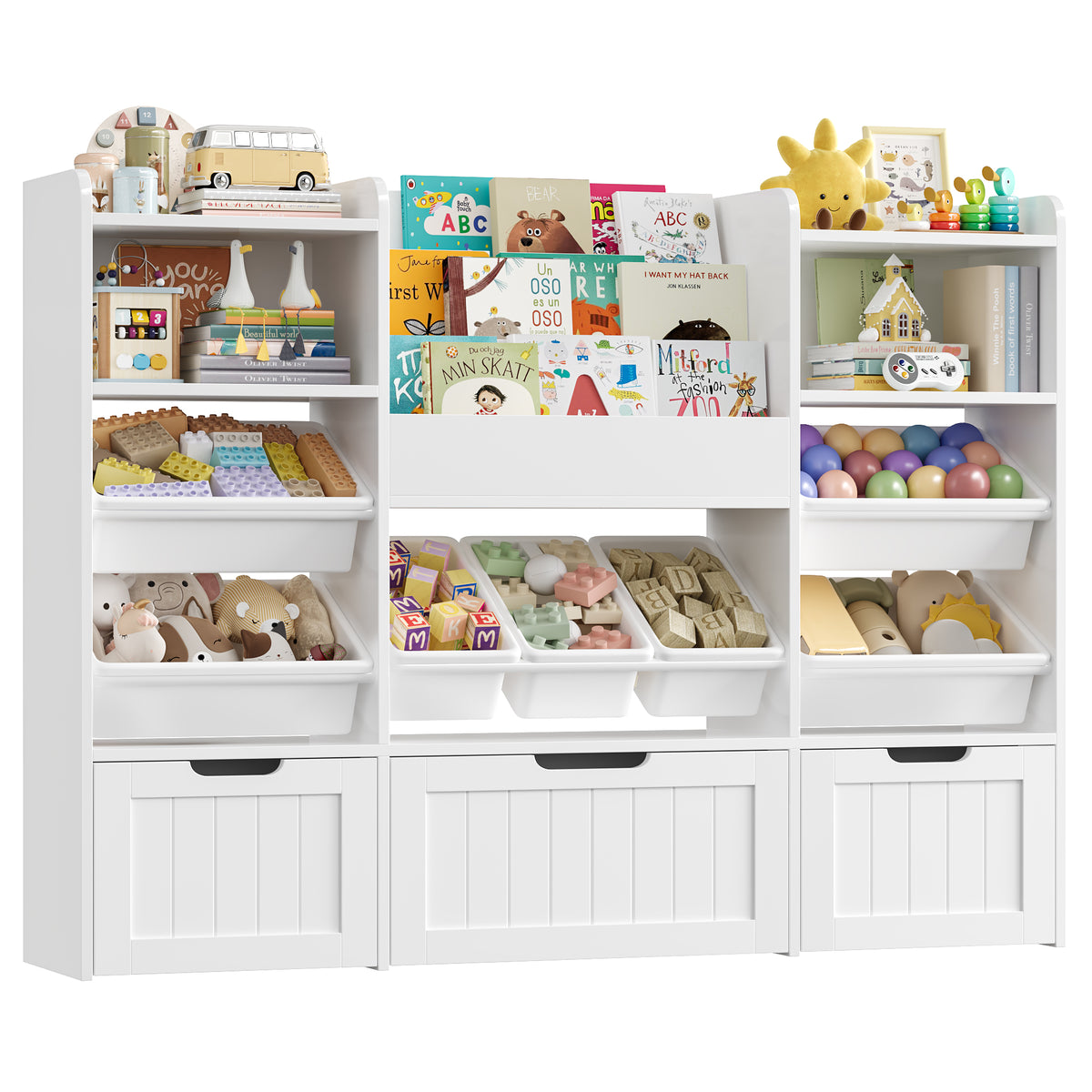Hiphuta 56”W Kids Toy Storage Organizer with Bookshelf, 3 Removable Drawers & 7 Toy Boxes, Large Wood Toy Organizer for Playroom, Bedroom & Living Room, White