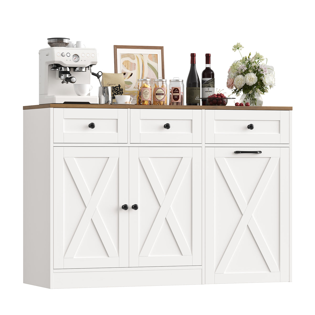Hiphuta Trash Can Buffet Cabinet Fits 13 Gallon, 47"W Farmhouse Credenza Sideboard with Hidden Garbage Can Cabinet for Dining and Living Room, White