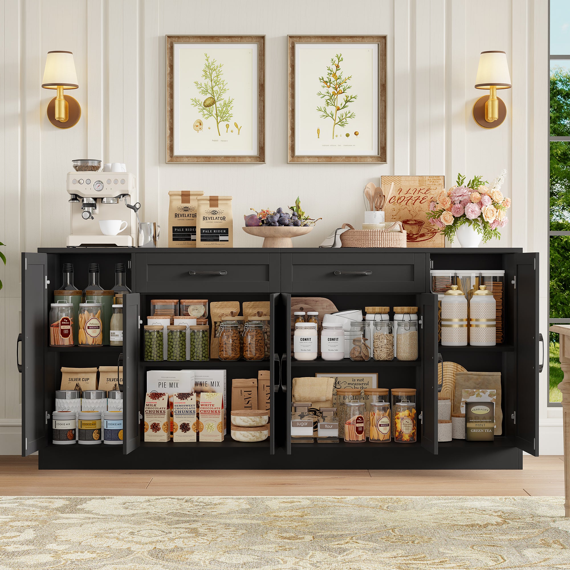 Hiphuta 70.8"W Large Buffet Cabinet with Storage, Modern Farmhouse Sideboard with 6 Doors, Coffee Bar for Kitchen Dining Room Living Room, Black