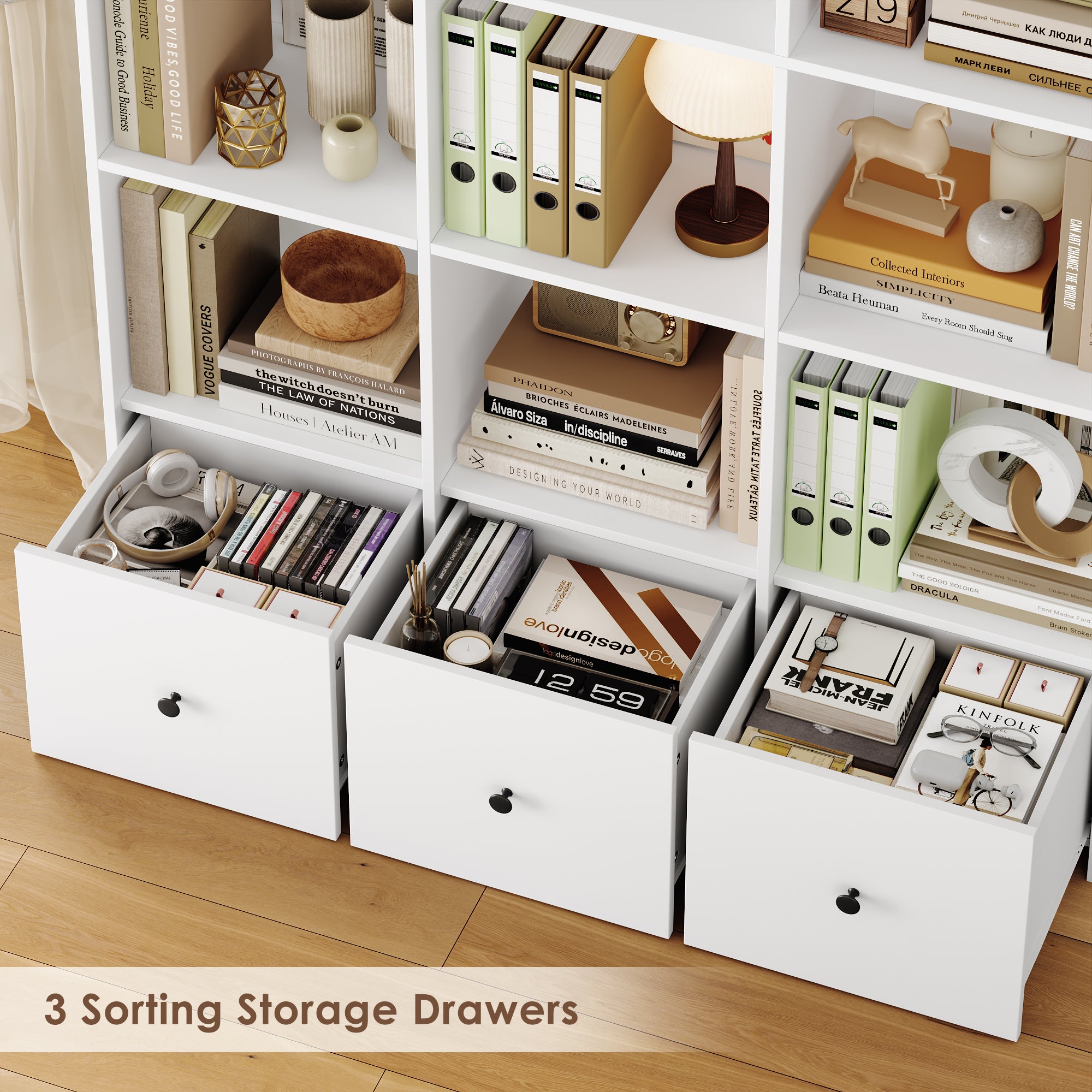 Hiphuta Triple Row 4-Tier Bookcase with 12 Cubes, 69" Tall Large Bookcase with 3 Drawers, for Office Living Room, White