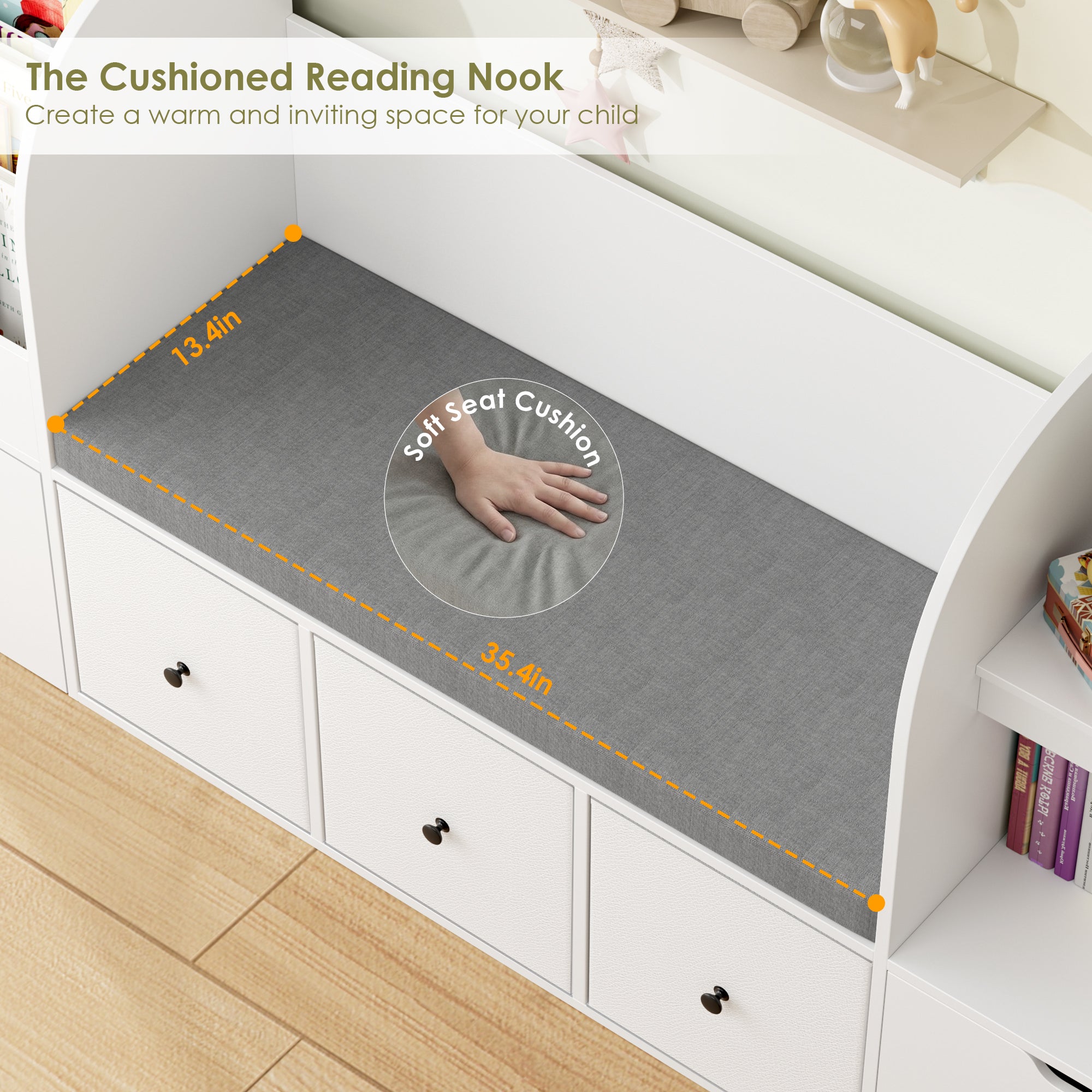 Hiphuta Kid Bookcase with Reading Nook, Wooden Toy Storage Organizer & Book Rack for Kid Room, White