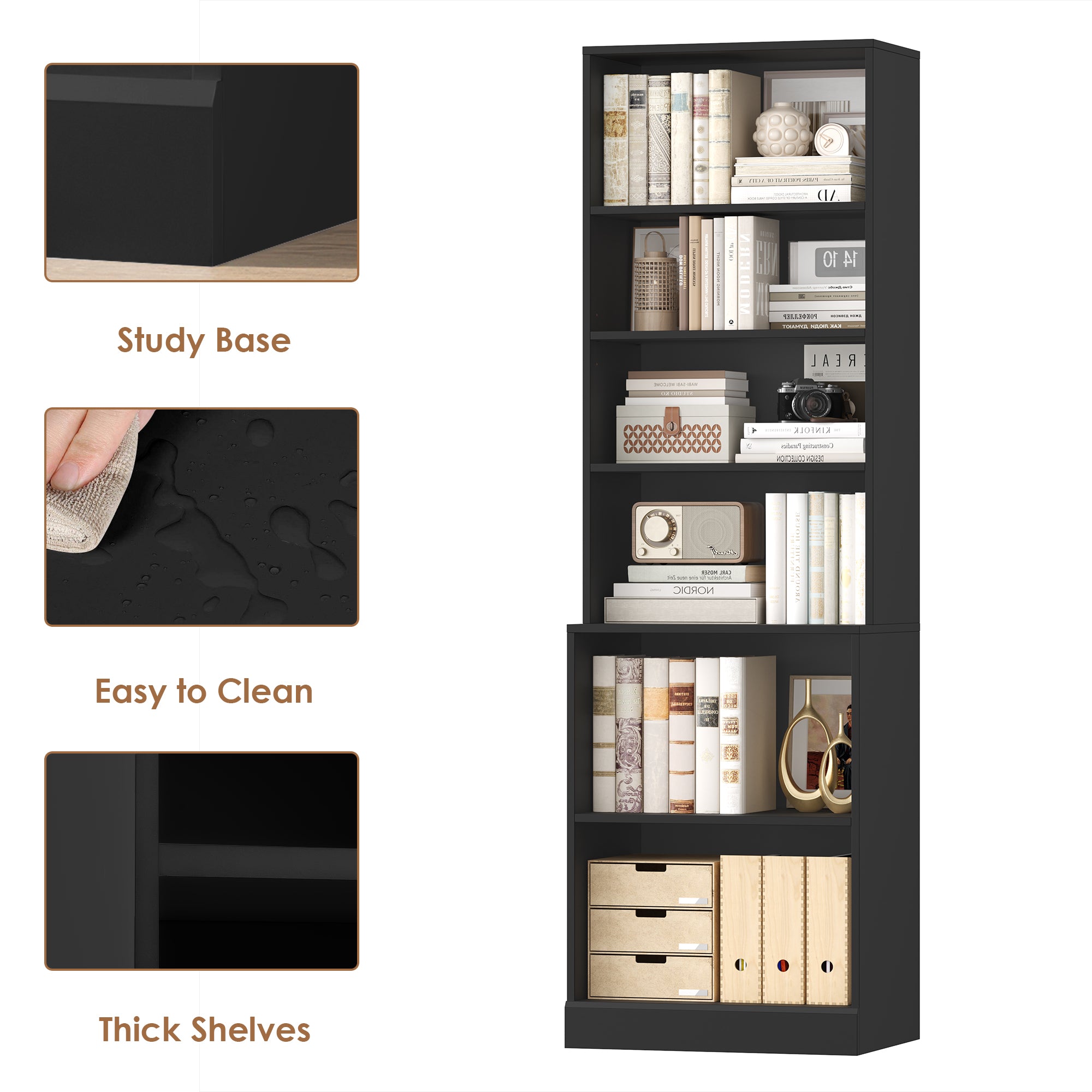 Hiphuta 73 in Tall 6-Tier Bookcase, 22" Wide Bookcase with Adjustable Shelf, Modern Minimalist Bookshelf for Home Office, Living Room, Black