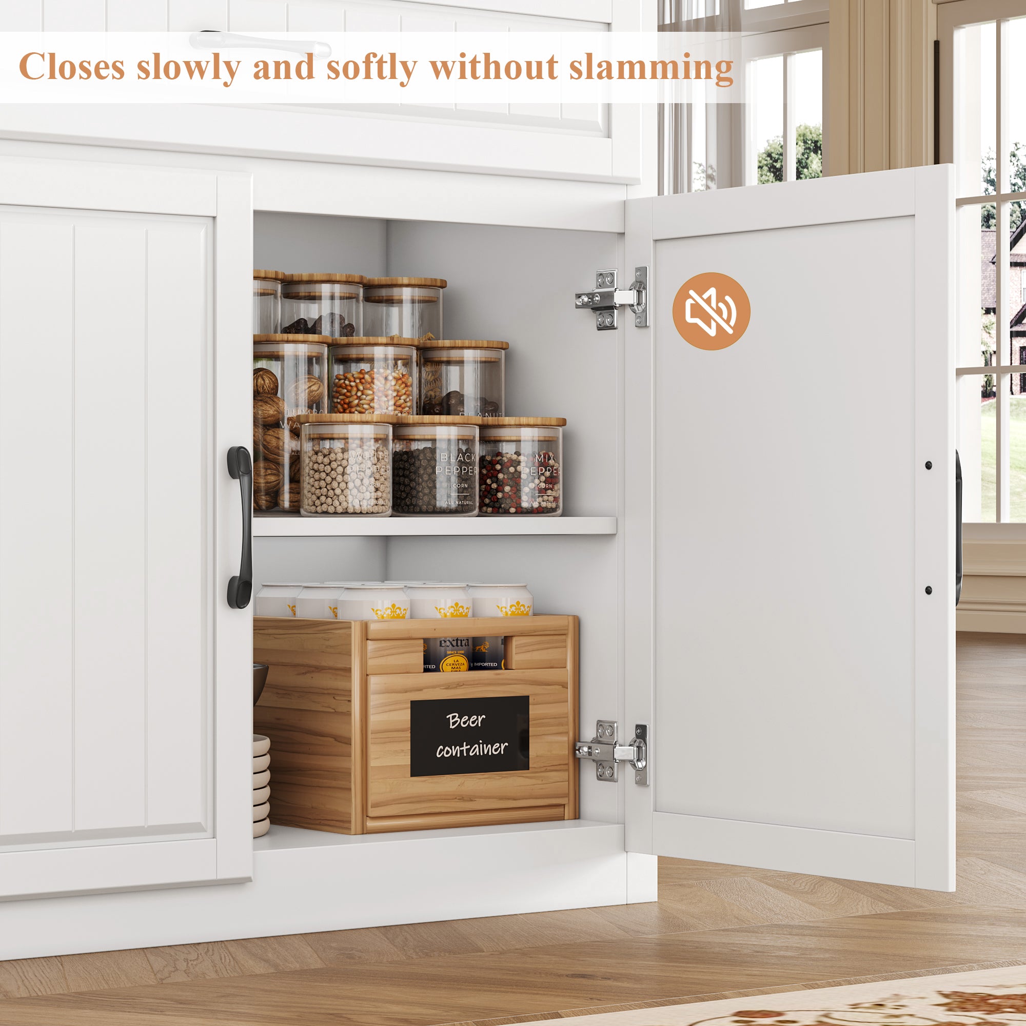 Hiphuta 53.7" Large Sideboard, Wooden Cabinet with 6 Drawers, Floor Cabinet Cupboard with Brown Top, White