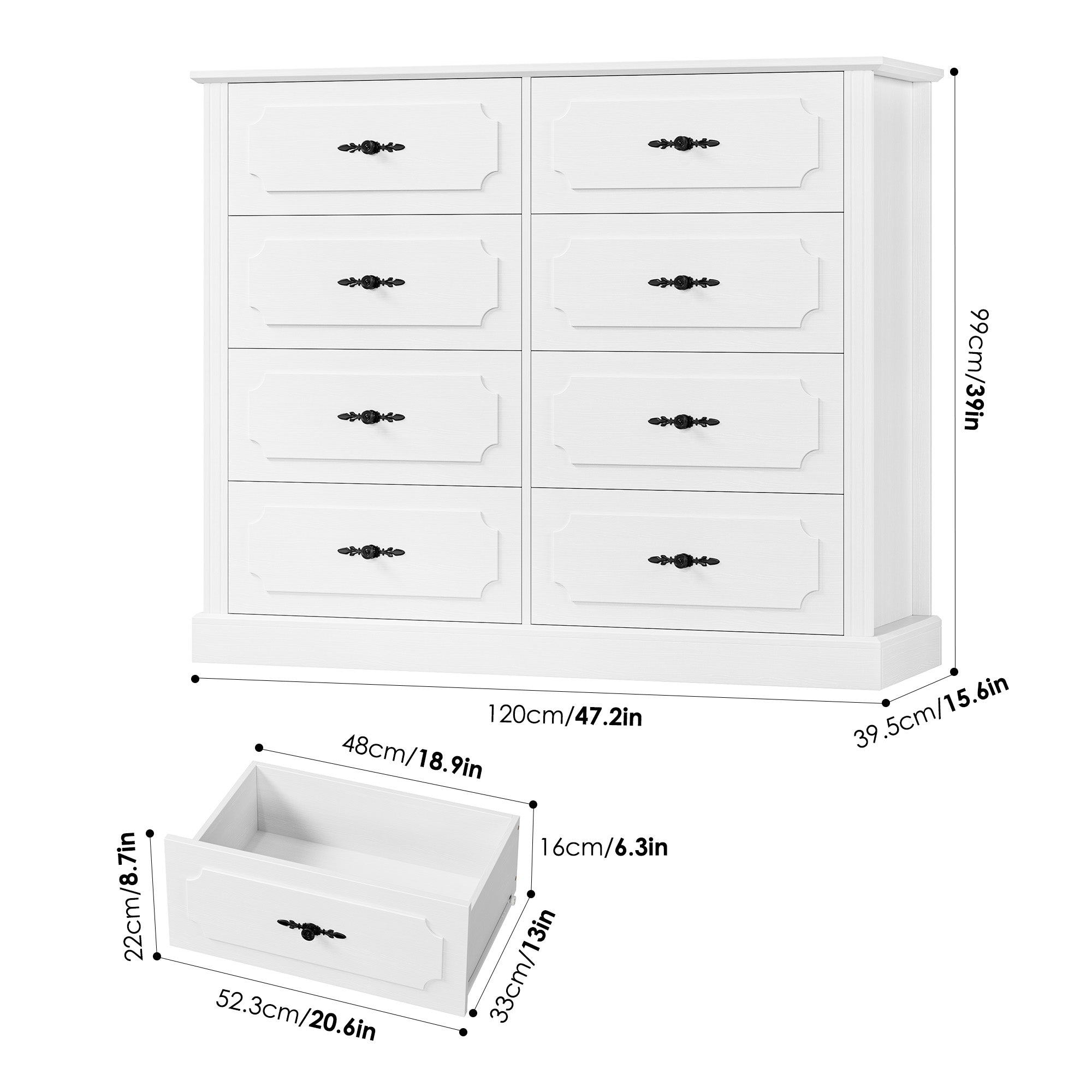 Hiphuta 47'' Wide Vintage 8 Drawer Double Dresser, Chest of Drawers for Bedroom, White