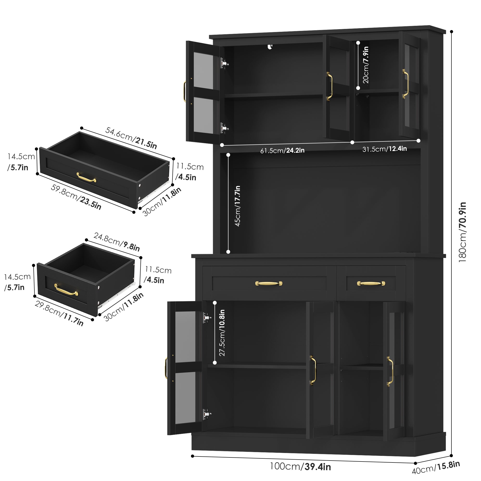 Hiphuta 71" Pantry Cabinet with Charging Station, Kitchen Pantry Storage Cabinet with Microwave Stand & Wine Rack, Food Pantry Cabinet with Countertop for Dining Room, Black