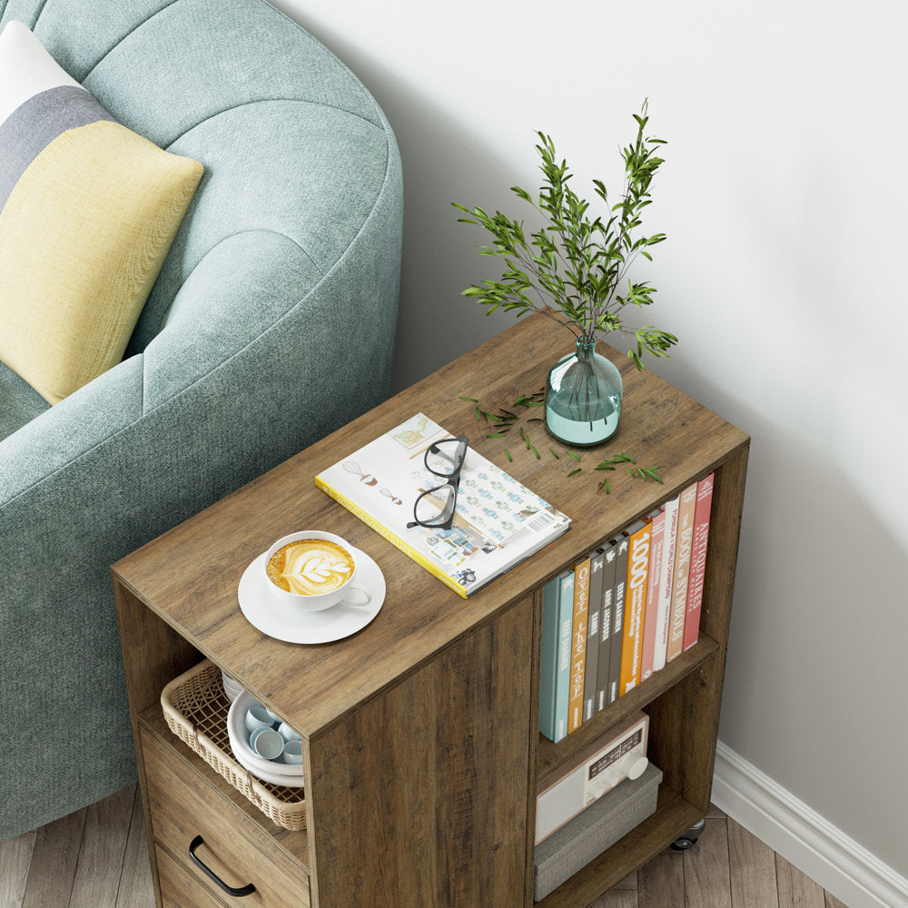 Hiphuta Movable End Side Table with 2 Drawers & Adjustable Shelf, Narrow Bedside Table, Rustic Brown