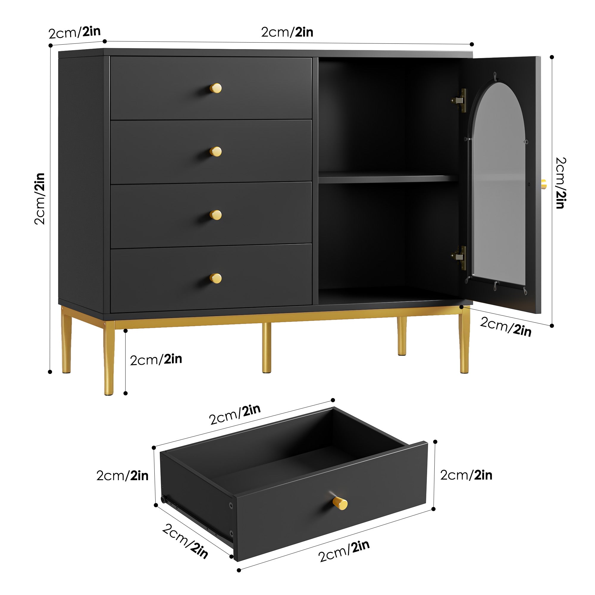 Hiphuta Modern Sideboard Storage Cabinet with 4 Drawers & 1 Glass Door, 31.7"Height Buffet Cabinet, Black