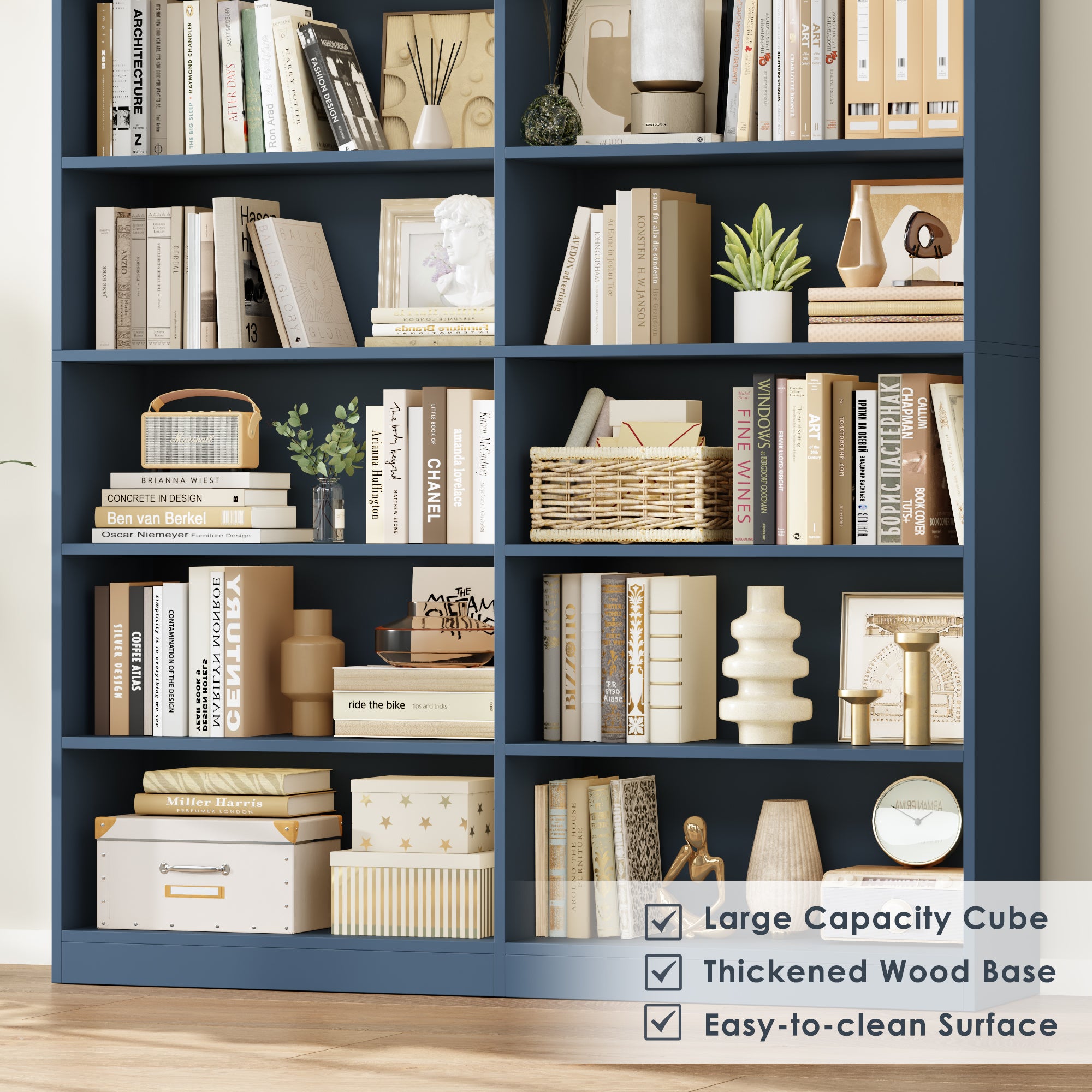 Hiphuta 84"H Wooden Double 7-Tier Tall Bookcase, Standard Bookcase for Living Room and Office, Freestanding Display Storage Shelves, Blue
