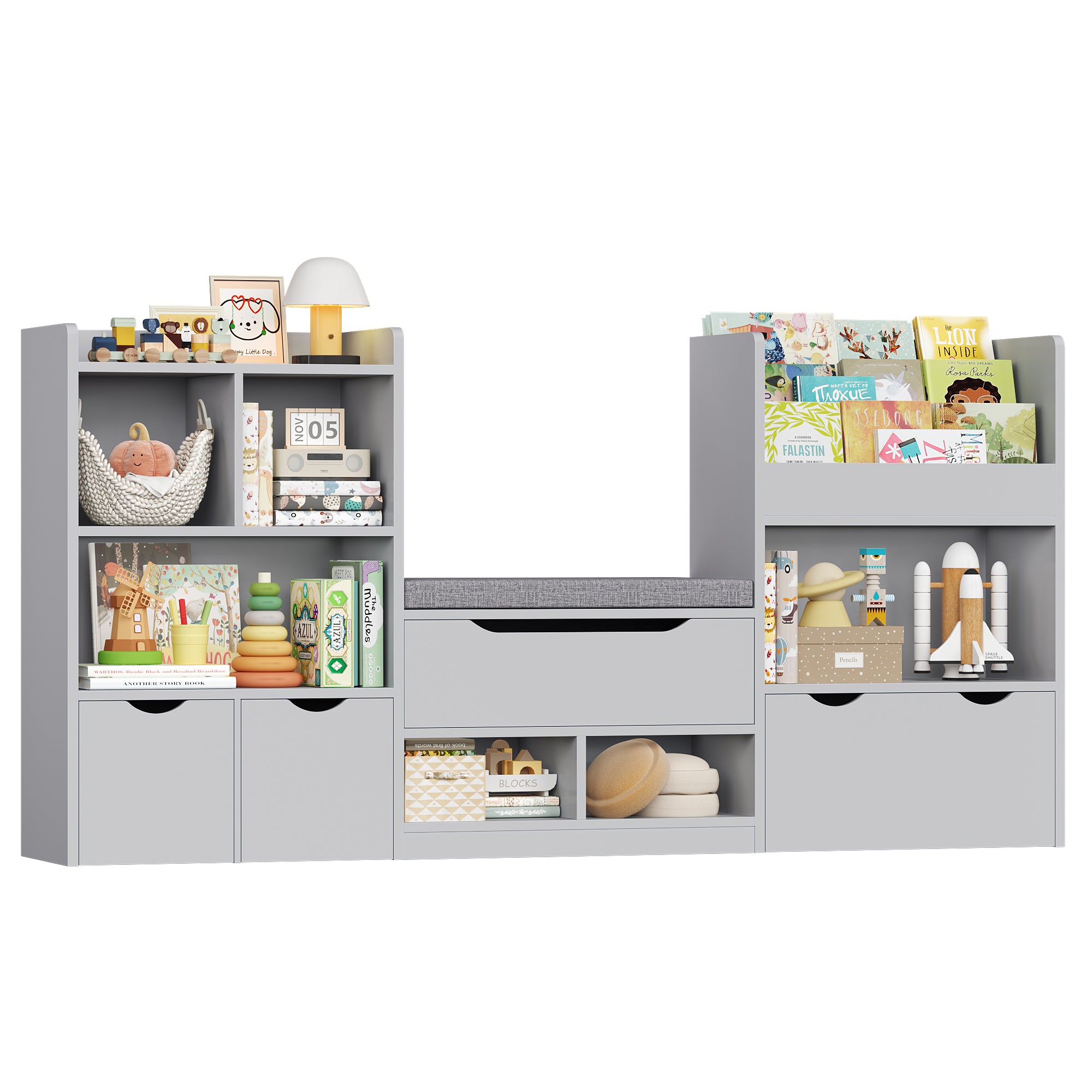 Hiphuta 72"Wide Kids Bookshelf with Reading Nook and Under Bench Storage, Kids Bookcase with Toy Organizer & Book Rack for Kids, Gray
