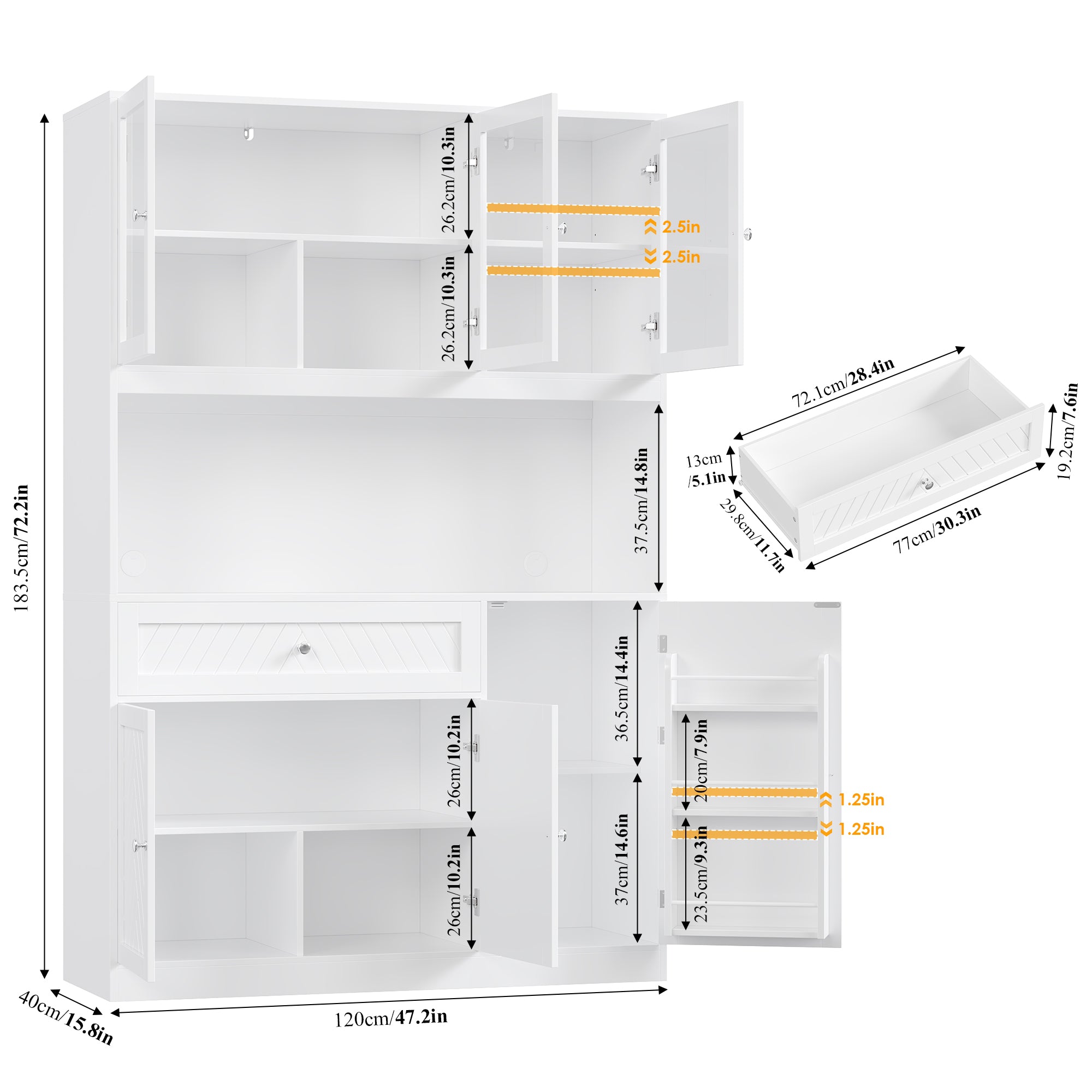 Hiphuta 72" Tall Modern Pantry Cabinet with Adjustable Shelves, Freestanding Kitchen Hutch Cabinet for Dining Room, White