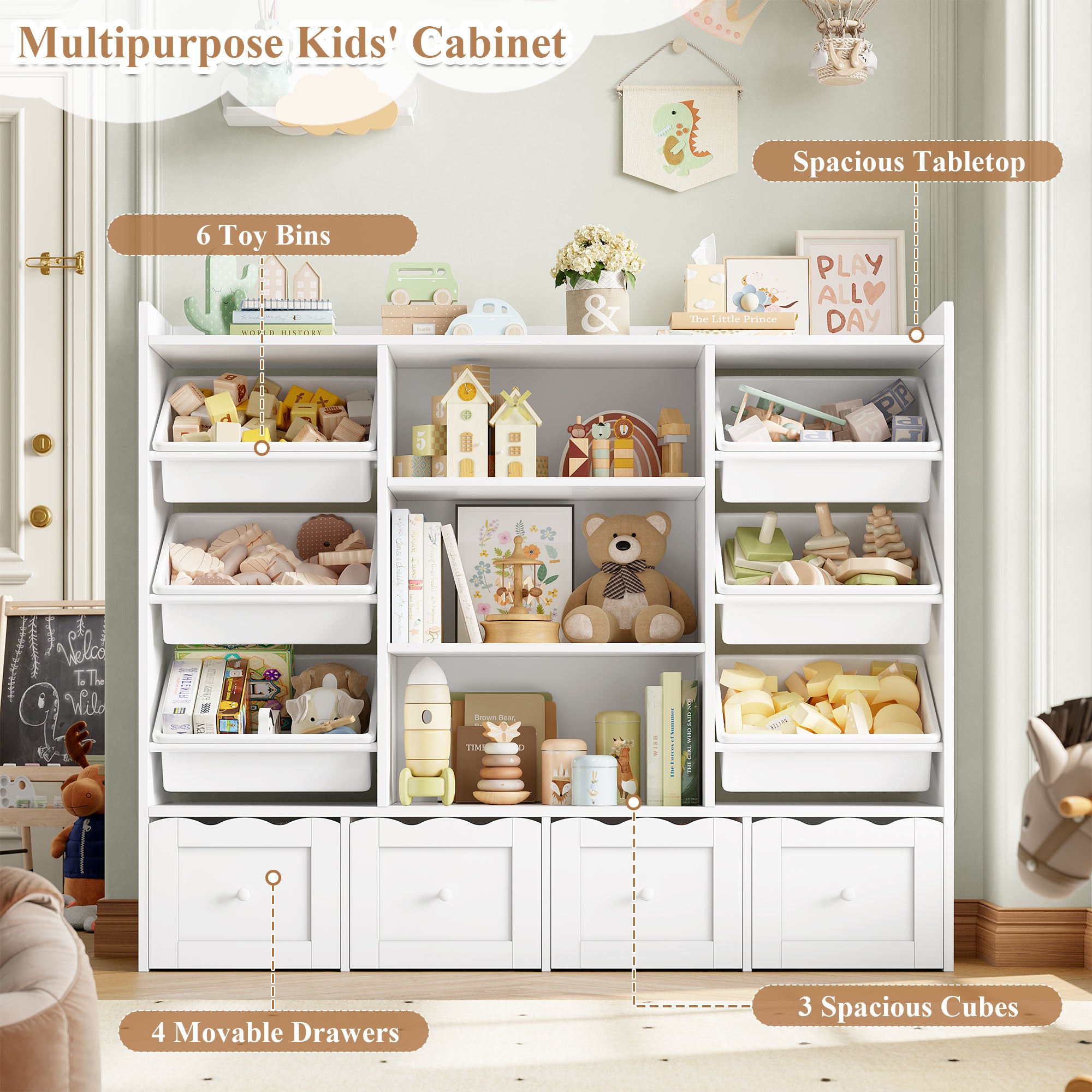 Hiphuta 55" Wide Toy Storage Organizer with 4 Removable Drawers, 4-Tier Kid Bookcase with 6 Bins, Toy Organizer with Bookcase for Kid Bedroom Playroom, White