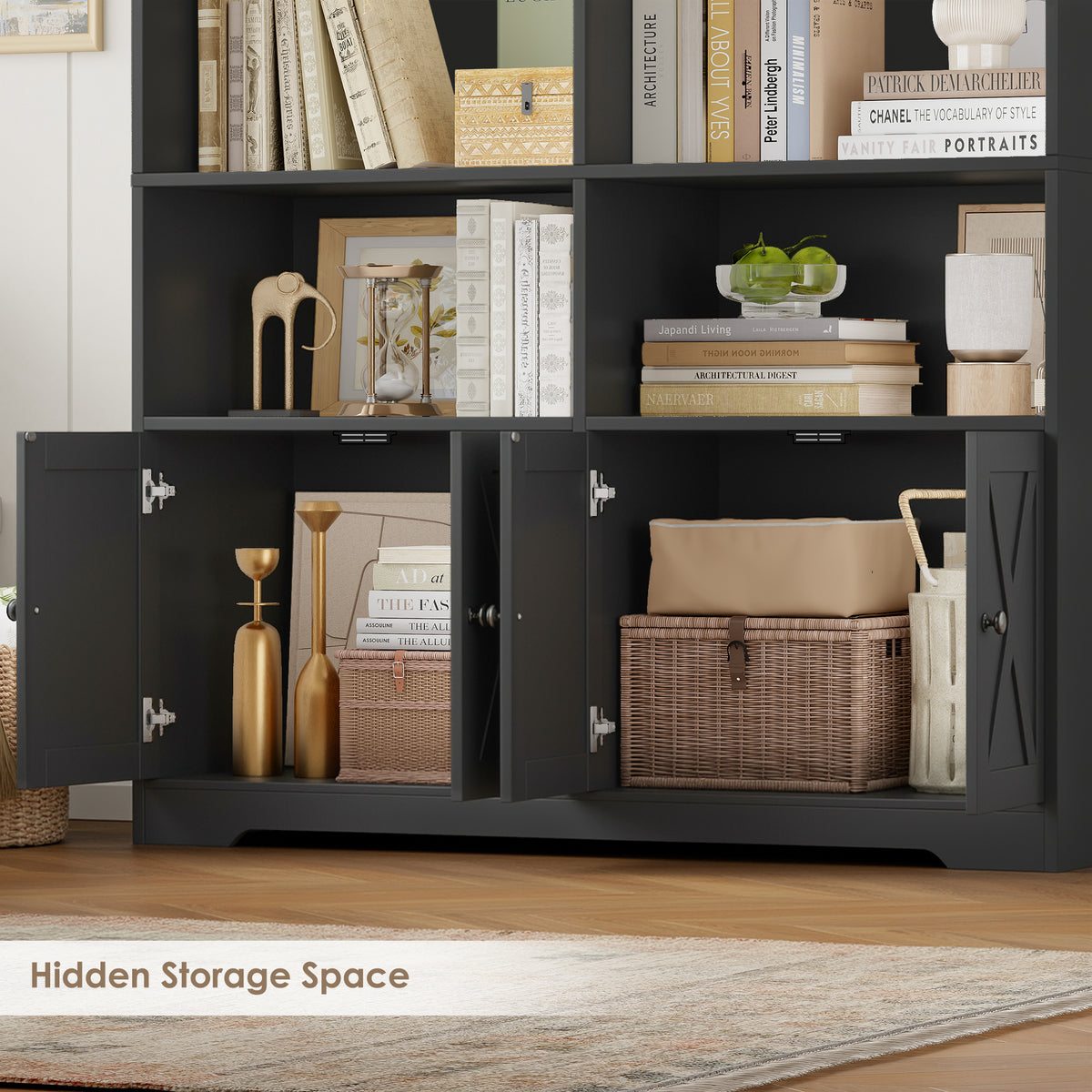 Hiphuta 78"H x 47"W Bookcase with Doors, Tall Bookshelves with Storage, 5-Tier Shelves Freestanding Display Bookcase for Home Office and Living Room, Black
