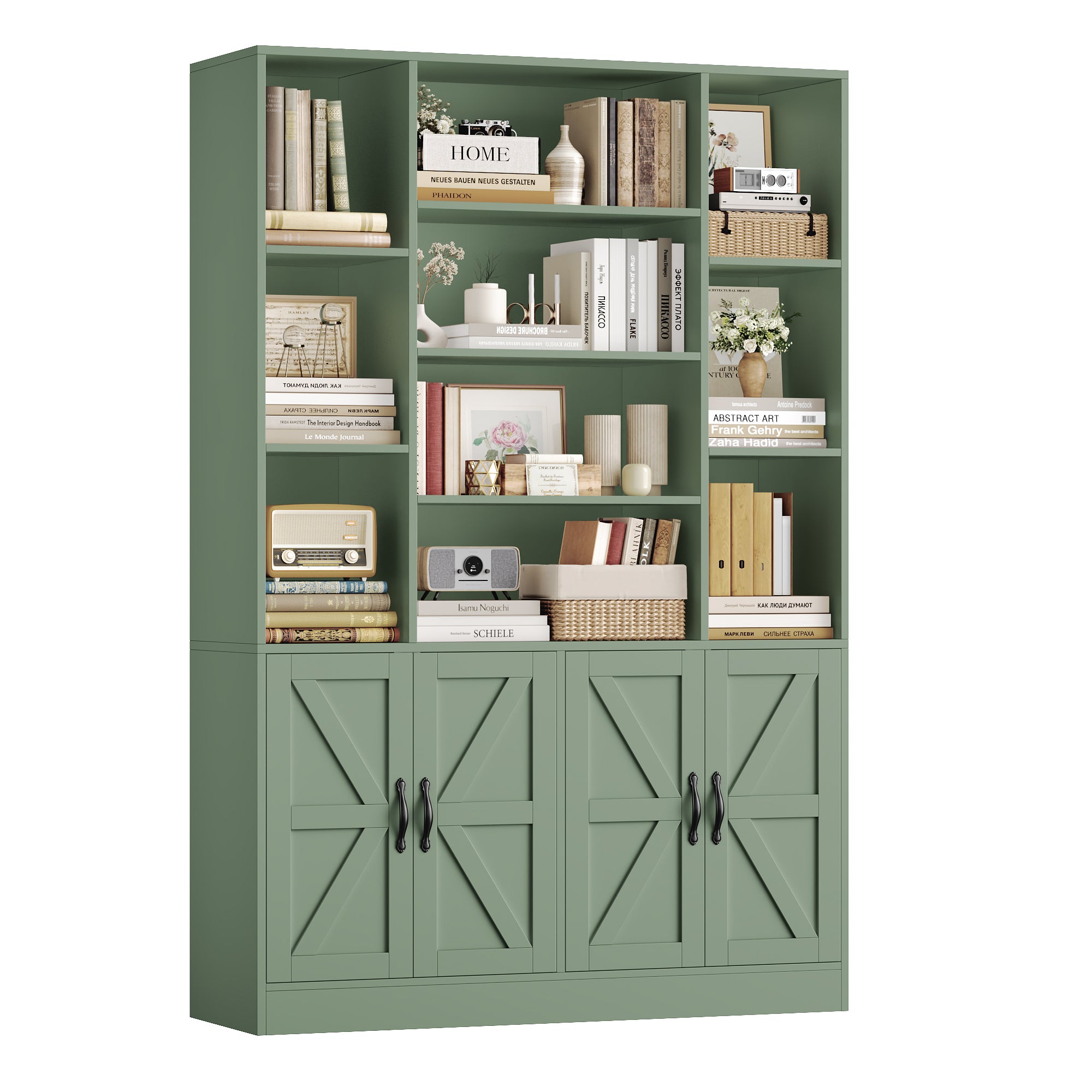 Hiphuta 75" Tall Modern Bookcases with 2 Double Door Cabinet, 47"Wide Wooden Storage Bookshelf for Living Room Home Office Entryway, Green