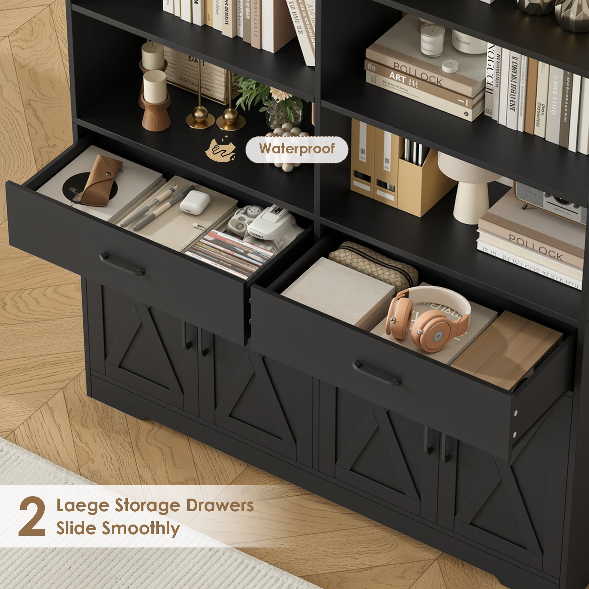 Hiphuta Bookcase with 3 Drawers, Large Farmhouse Bookshelf and Bookcase with Cabinet, Black