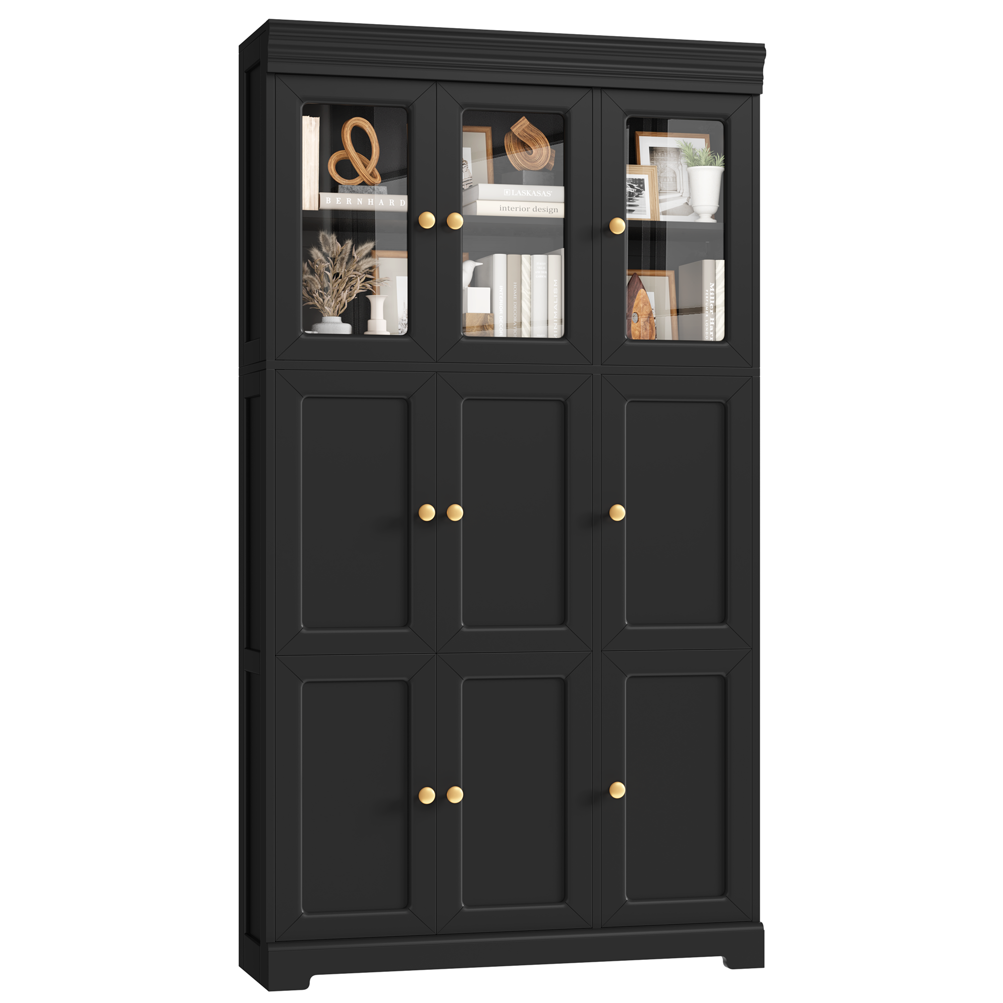 Hiphuta Bookcase with 9 Doors, 67" Tall Bookcases, Wooden Storage Bookshelf for Home Office Living Room, Black