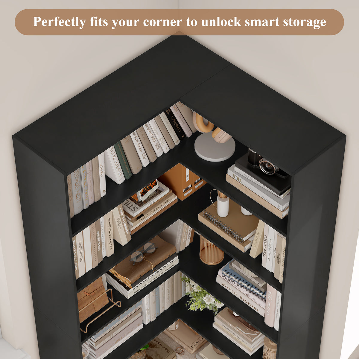 Hiphuta 6 Tier Corner Bookcase, Minimalist Modern Corner Bookcase for Office Living Room, Black