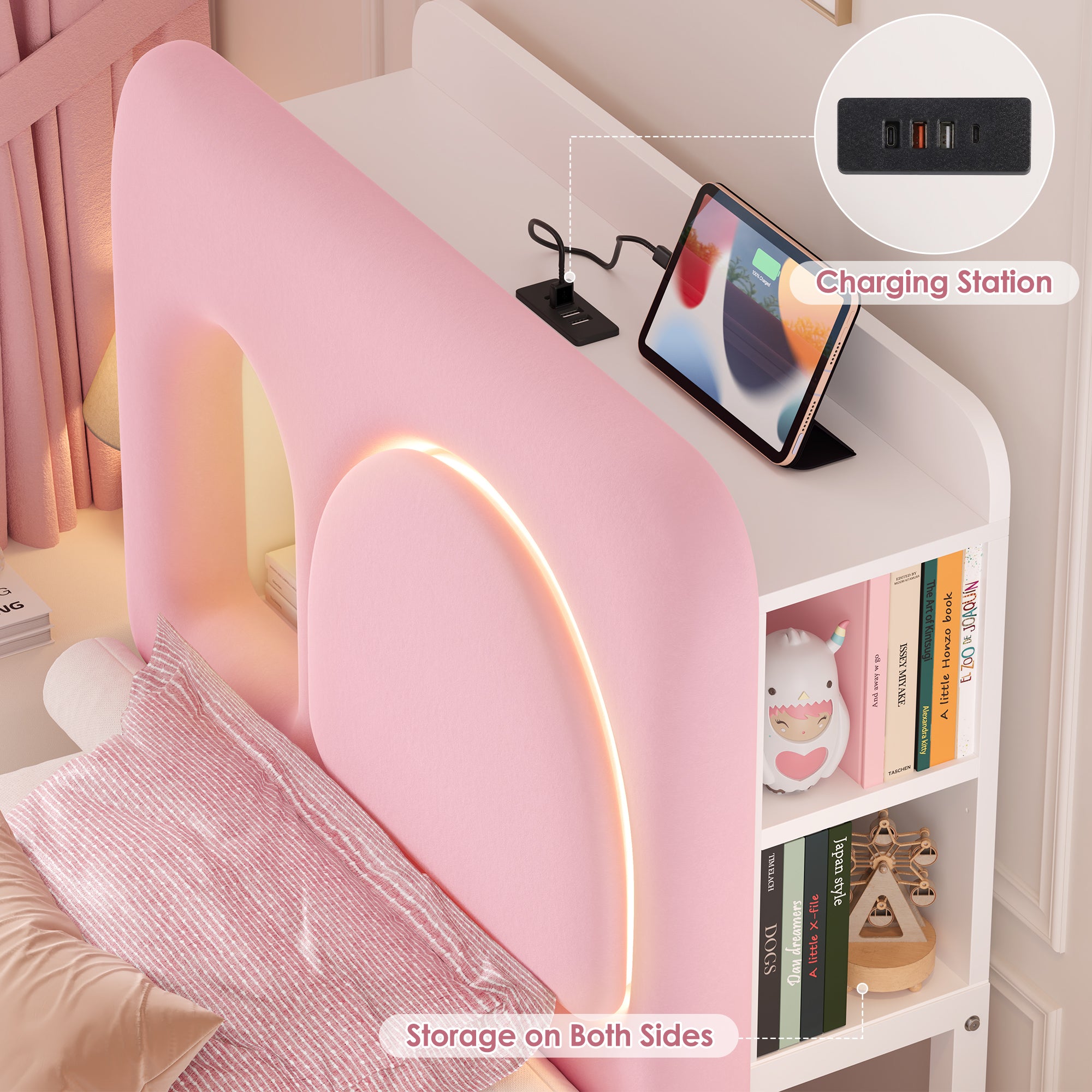 Hiphuta Twin Size Bed Frame with RGB LED and Power Outlets, Velvet Upholstered Platform Bed with Drawer and Side Storage, Pink