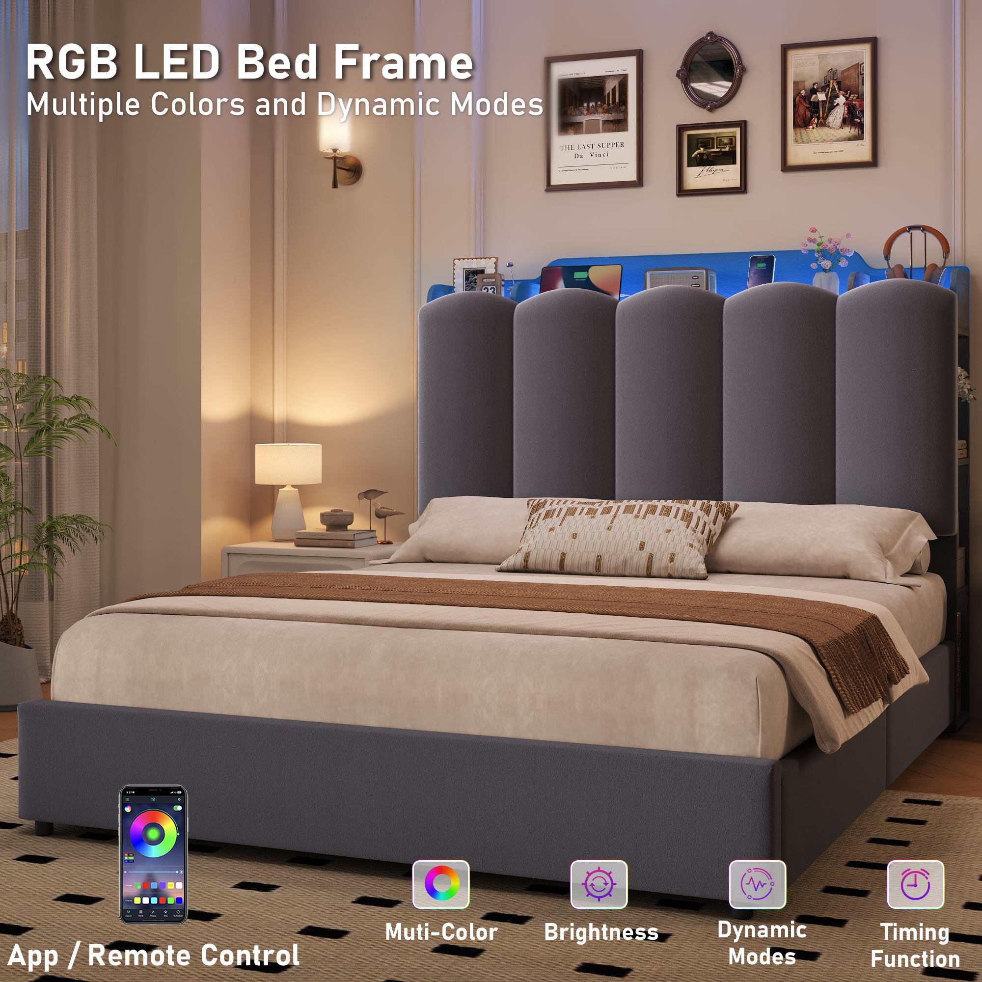 Hiphuta Queen Size Bed Frame with Upholstered Headboard, Led Bed with Storage Headboard, Gray