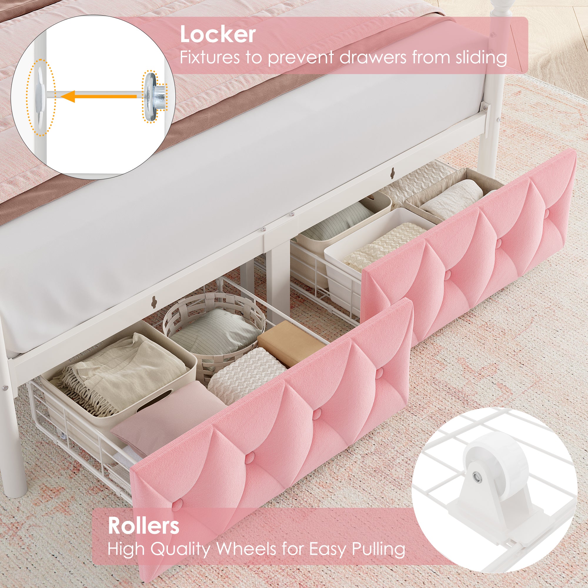 Hiphuta Queen Size Crown Canopy Bed with Power Outlet & LED, Upholstered Princess Beds with 4 Removable Posts, Queen Velvet Bed for Adults, Curtain Not Included, Pink