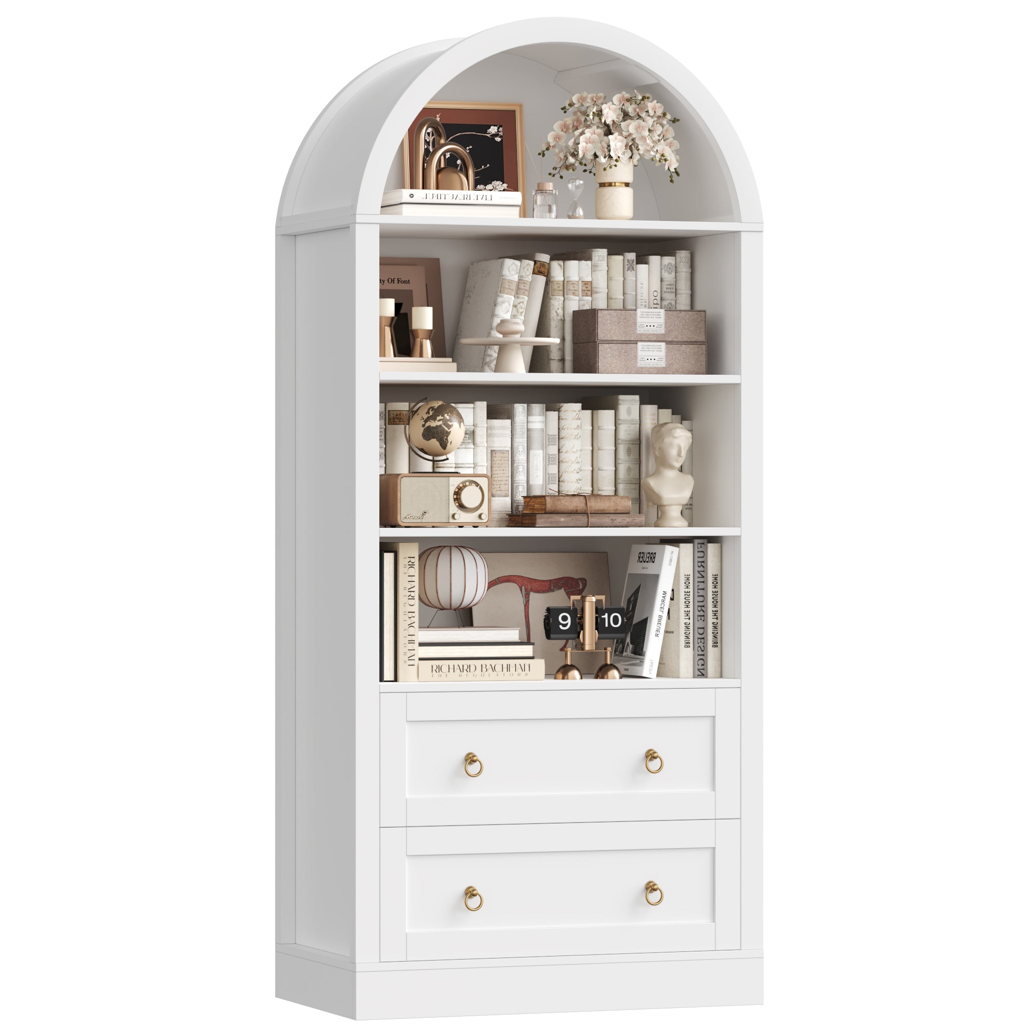 Hiphuta 70” Tall Arched Kitchen Pantry Storage Cabinet with 2 Large Drawers and 4 Open Shelves, Freestanding Modern Farmhouse Versatile Hutch Cupboard for Dining Room, White