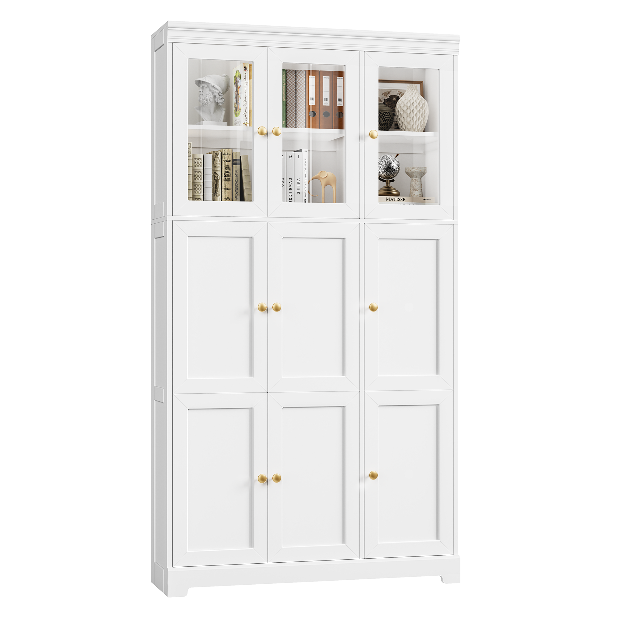 Hiphuta Bookcase with 9 Doors, 67" Tall Bookcases, Wooden Storage Bookshelf for Home Office Living Room, White