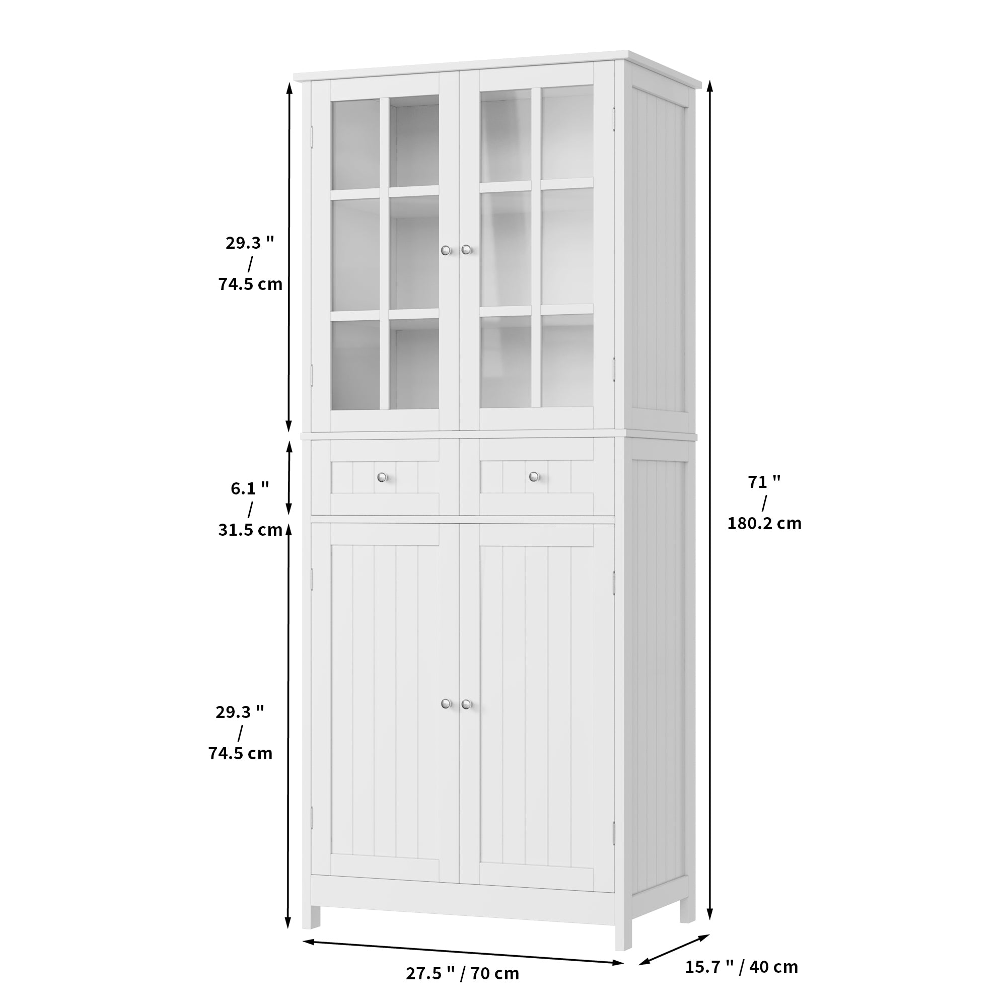 Hiphuta 71''H Kitchen Pantry Cabinet with Glass Doors, Storage for Dining Room Living Room, White